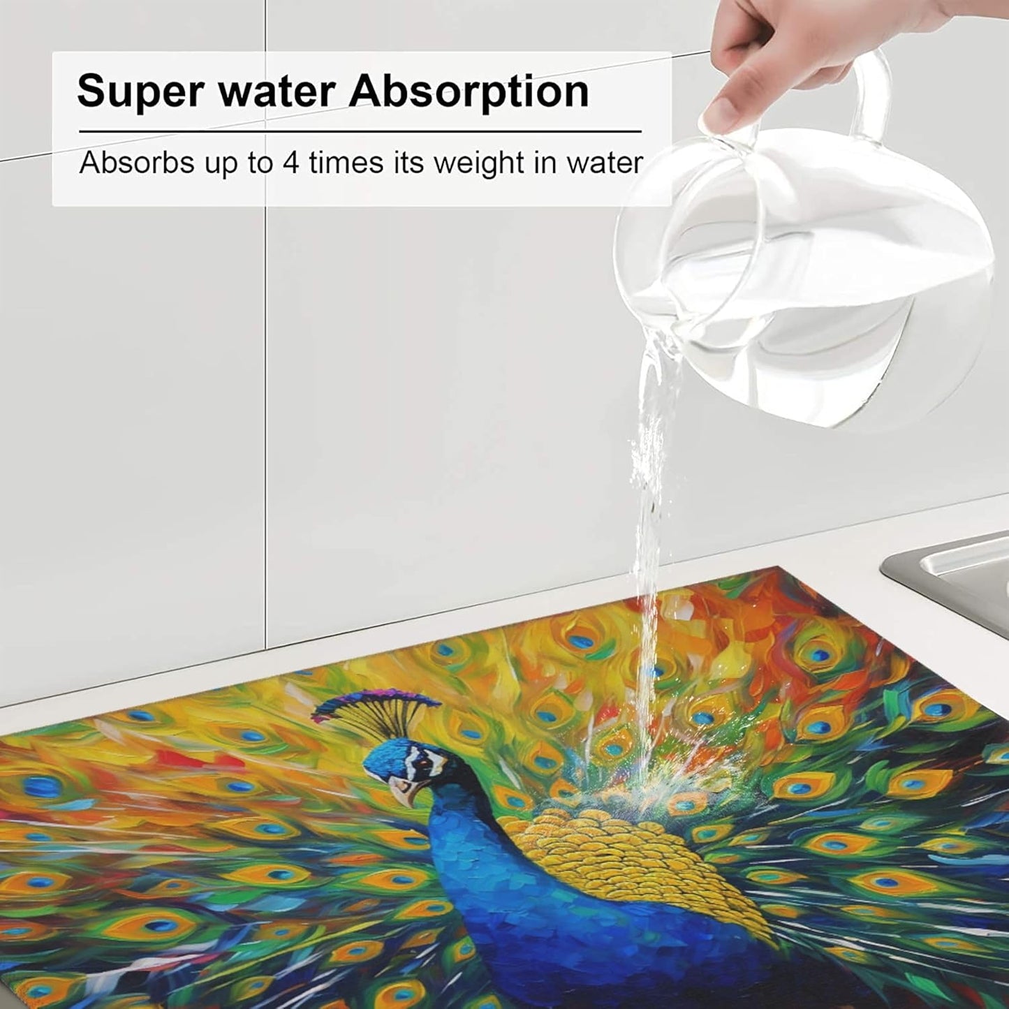 Beautiful Peacock Dish Drying Mat for Kitchen Counter Cute Dish Drainer Rack Mats 16"x18" Absorbent Reversible Drying Pad