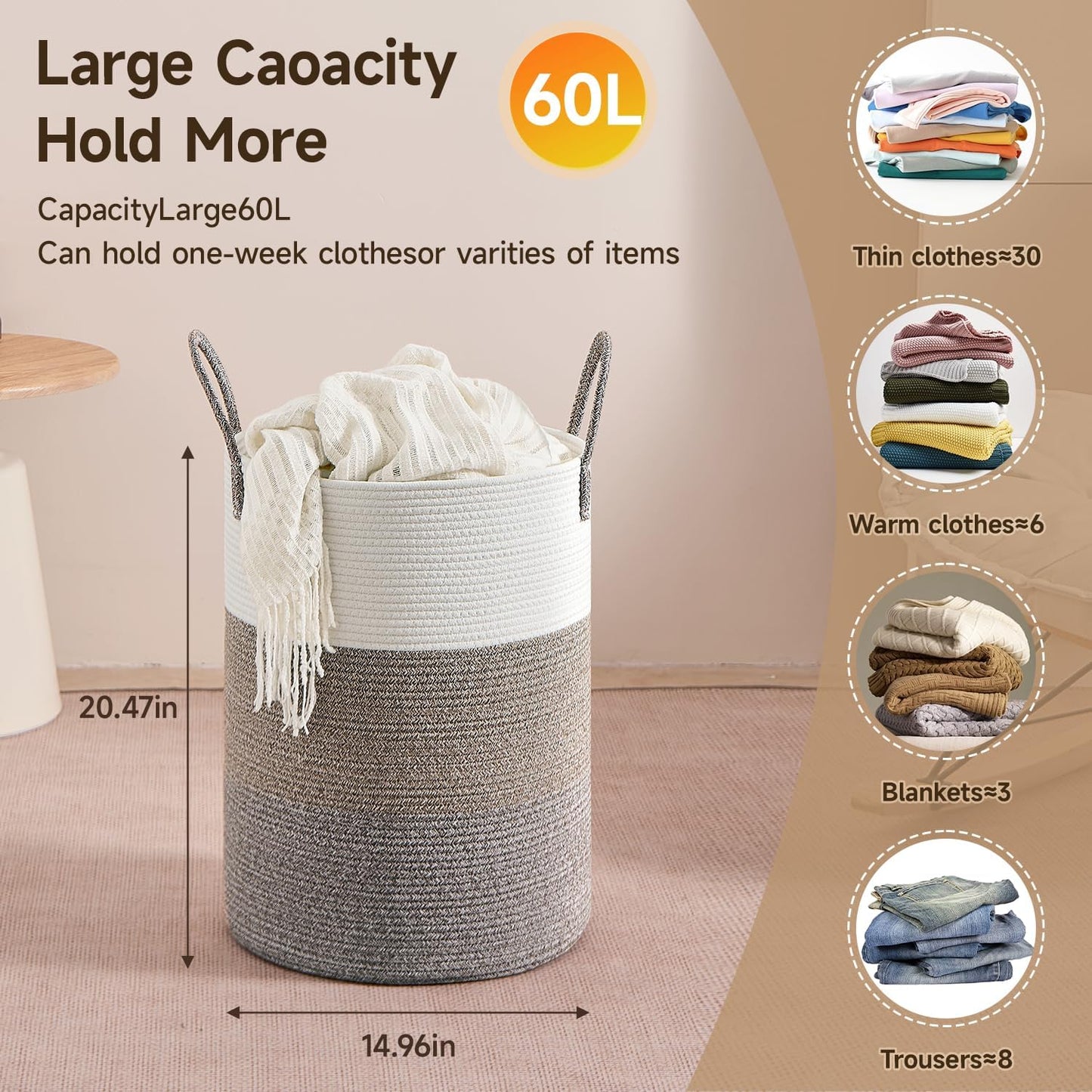 CLHMILY&Z 60L Laundry Basket Round Storage Rope Basket - 15x20.5 Inches - Laundry Hamper in Bedreoom and Mutil Storage Bin for Blankets, Toys, and Nursery Essentials
