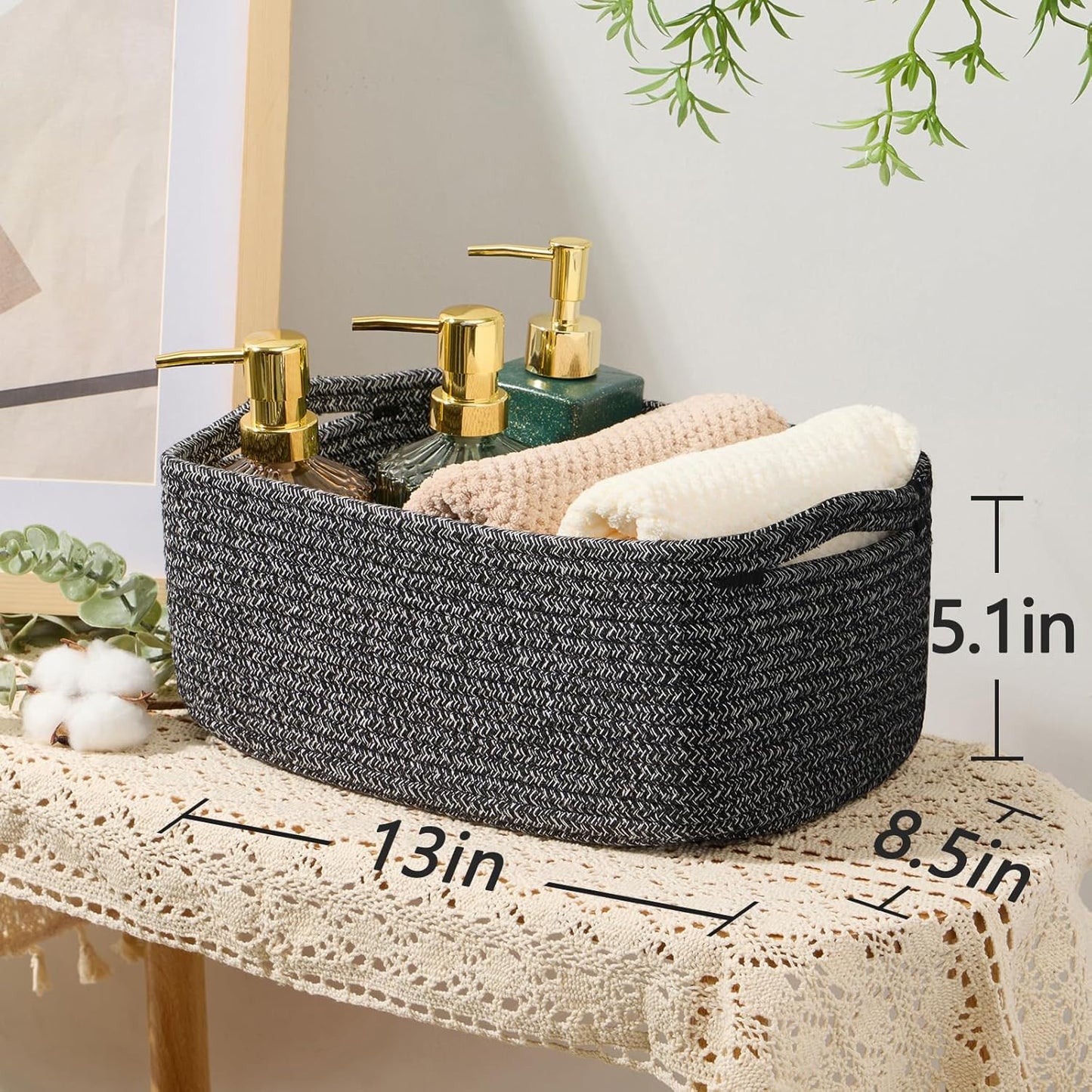 Small Storage Baskets for Organizing | Closet Organizer Bins | Shelf Toy Basket | Woven Rope Baskets | Cube Decorative Box | Shallow Basket | 13x8.5x5.1” | 4 Packs Dark Gray