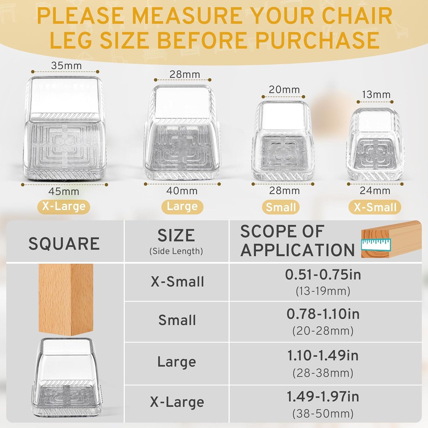 24PCS Square Chair Leg Floor Protectors, Furniture Sliders, Chair Leg Protectors for Hardwood Floors, Non-Slip Felt Furniture Pads, Silicone Cap Covers to Protect Floors, (Fit 1.5" - 2")