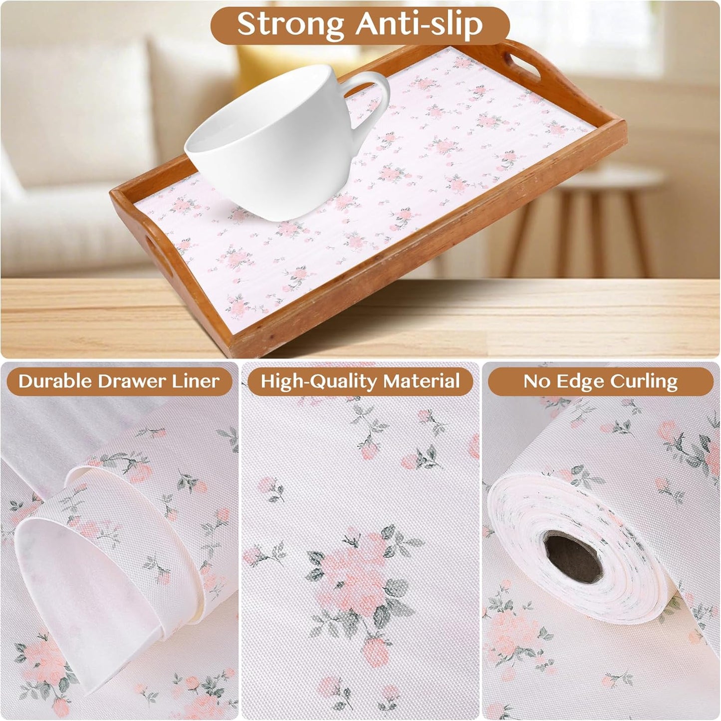 Non-Adhesive Shelf and Drawer Liner for Kitchen Cabinets, 12 in x 10FT Strong Non-Slip Cabinet Liners for Shelves, Refrigerator, Pantry Storage, Bathroom Closet, Easy to Clean, Floral