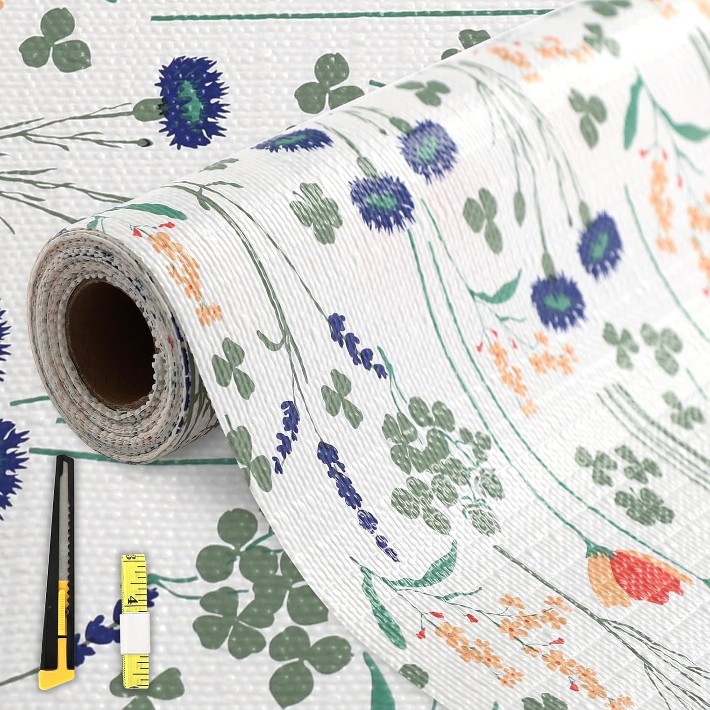 FINNEZ Shelf and Drawer Liner 17in x 10FT with Cutting Tool, Non Slip Non Adhesive Drawer Liners for Kitchen Cabinets, Waterproof Floral Cabinet Liner for Shelves, Refrigerator