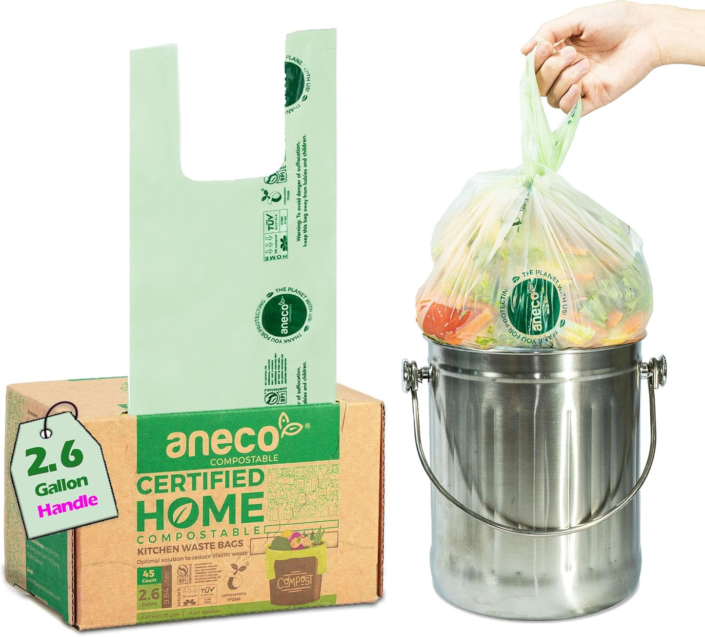 ANECO 100% Compostable Food Waste Bags 2.6 Gallon With Handles, Small Compost Bags for Countertop Bin, OK Compost HOME & BPI Certified Compostable Kitchen Food Waste Bag (45 Count)