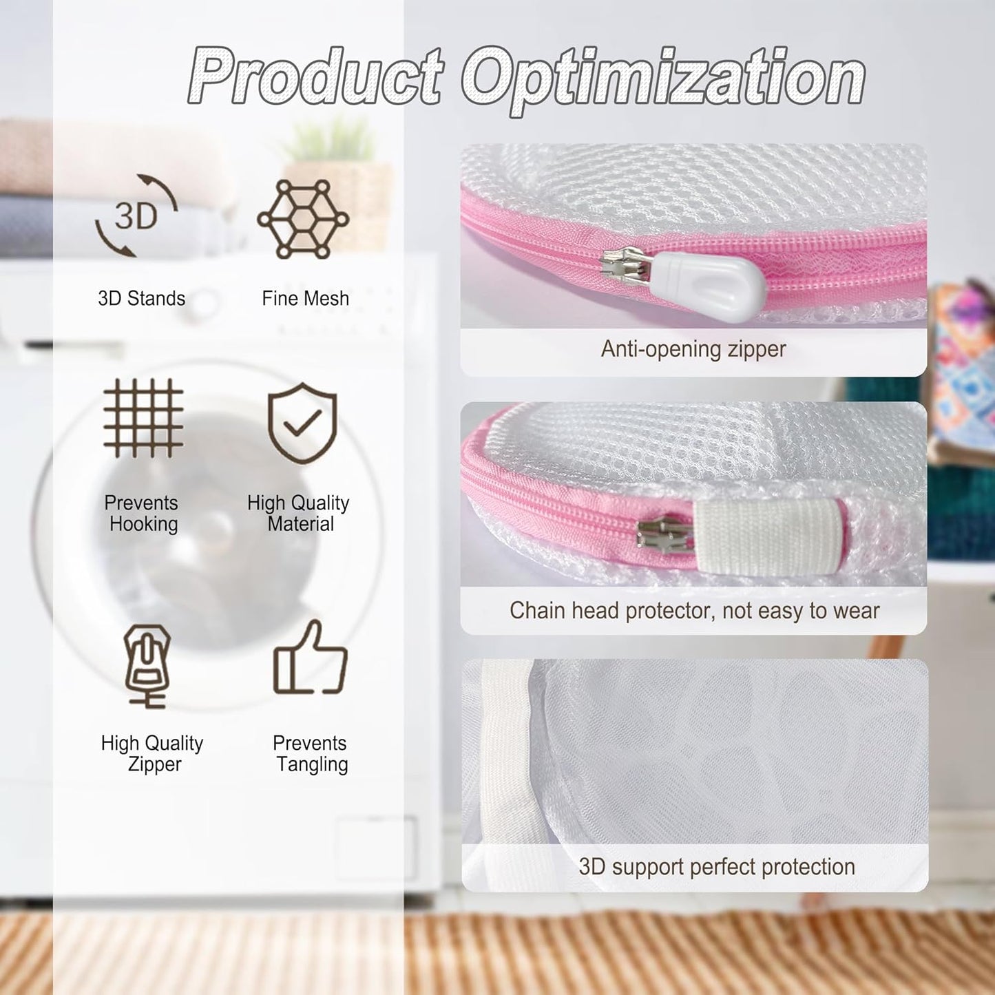 8 Pcs Bra Wash Bags for Laundry - Lingerie Mesh Bag Set Underwear Brassiere for Washing Machine With Zipper for Women Delicates Pink (32A-36C Cup)