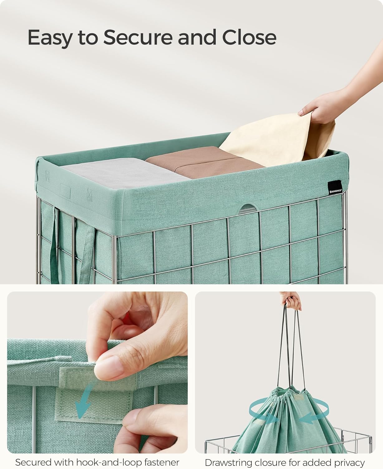 SONGMICS Laundry Hamper, 23.8 Gal. (90L) Laundry Basket, Collapsible Clothes Hamper, Removable and Washable Liner, Metal Wire Frame, for Bedroom Bathroom, Silver and Mint Green ULCB190C01