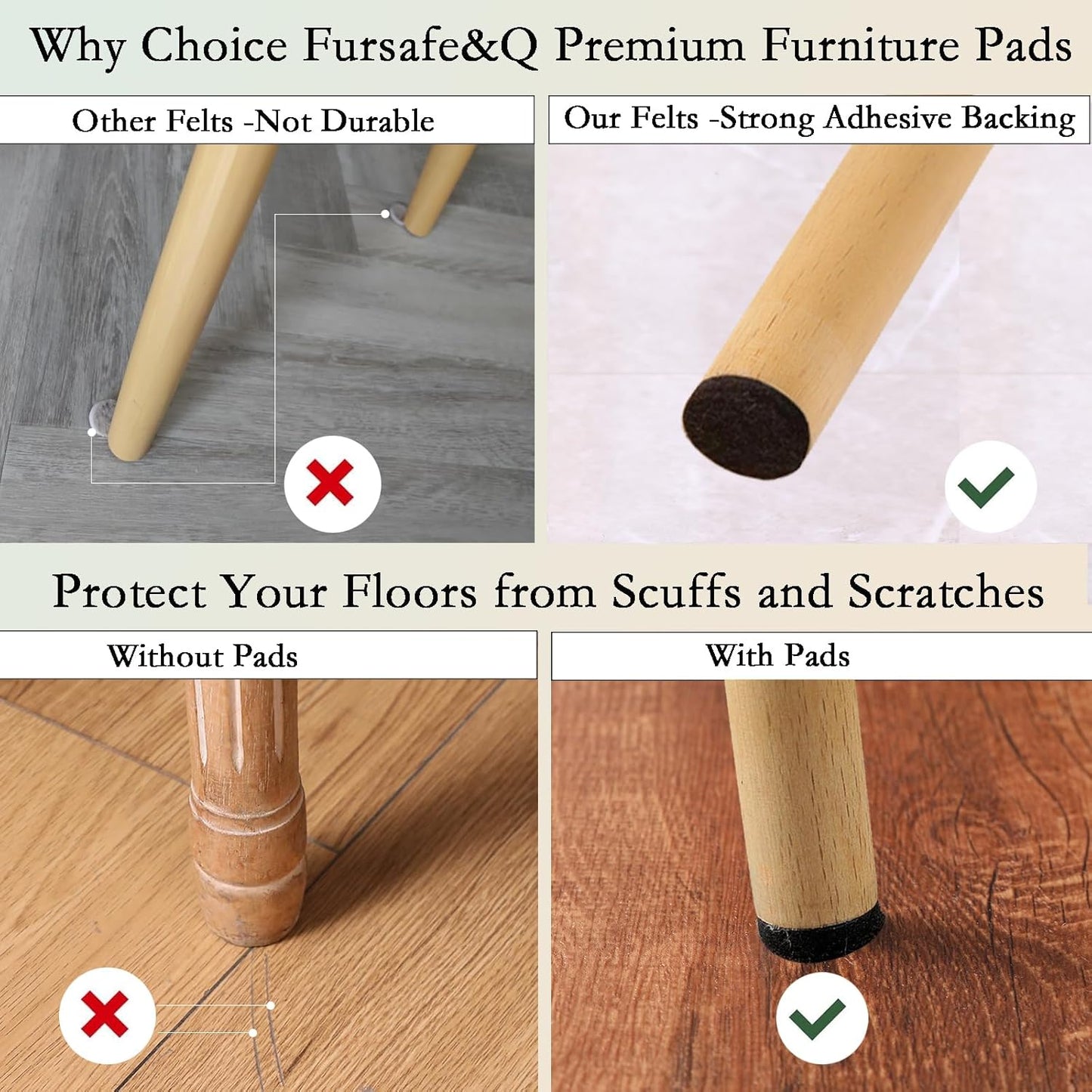 Fursafe&Q Felt Furniture Pads, Furniture Felt Pads for Hardwood Floors -Self Adhesive Chair Leg Floor Protectors, Protect Your Floors from Nicks, Bumps and Scratch, 201 Pcs Brown Beige Chair Feet