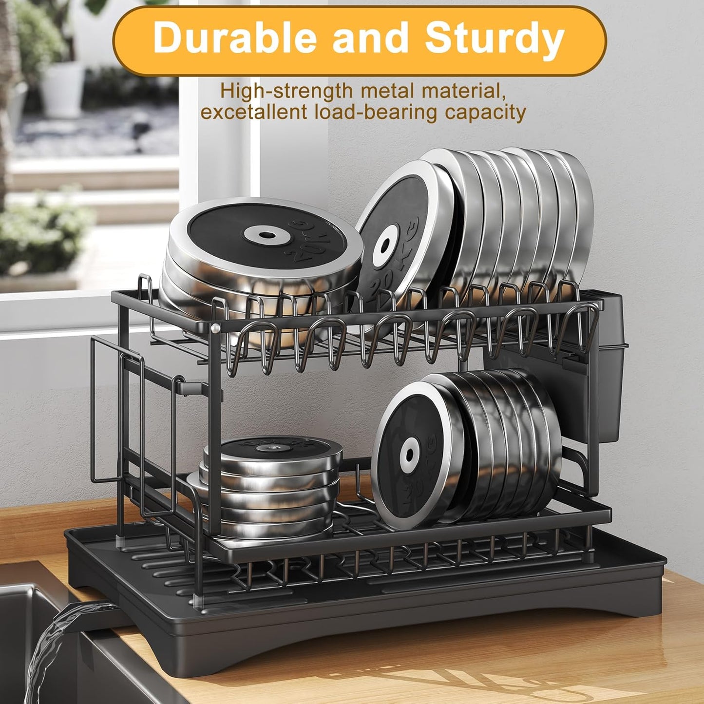 Dish Drying Rack Carbon Steel Dish Rack for Kitchen Counter, 2-Tier Kitchen Organizers and Storage Rack with Drainboard and Cutlery Holder, Large