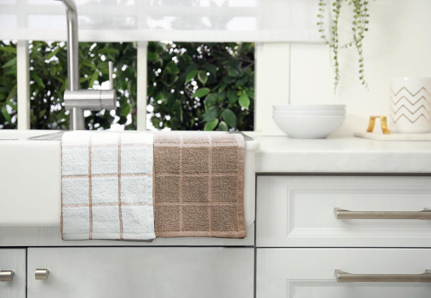 100% Cotton Terry Dish Cloth & Dish Towel, 6 Pack, Super Soft and Absorbent Kitchen Towels, Perfect for Kitchen Cleaning and Dish Washing (TAN (Solid and Checks) 8 Pack)