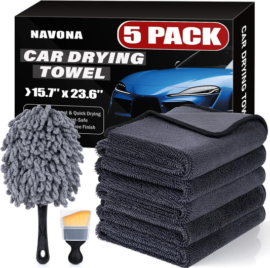 Navona 5-Pack 600GSM Professional Microfiber Car Drying Towels - Ultra Absorbent, Scratch-Free, Lint-Free (23.6" x 15.7") for Auto Detailing & Car Wash and Household Use.