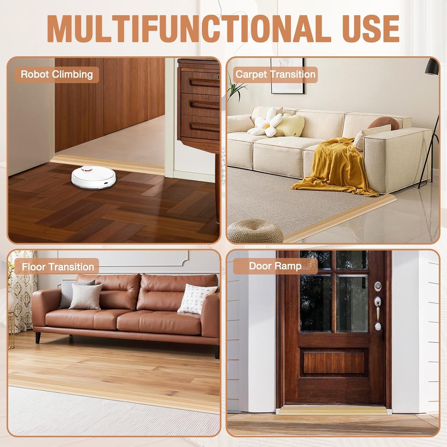 Floor Transition Strip Self Adhesive Vinyl Door Threshold for Doorways Carpet Edging Trim Overlap Edge Reducer for Laminate Floor, Carpet, Tile (Light Yellow Wood Grain, 3/5" to 4/5", 10Ft)