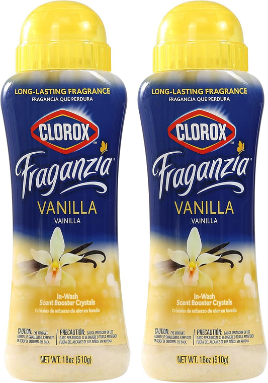 Clorox Fraganzia Laundry Scent Booster Crystals in Vanilla Scent - Scented In-Wash Freshener Beads for Fresh, Clean, Great Smelling Clothes and Linens, 18 Oz - 2 Pack