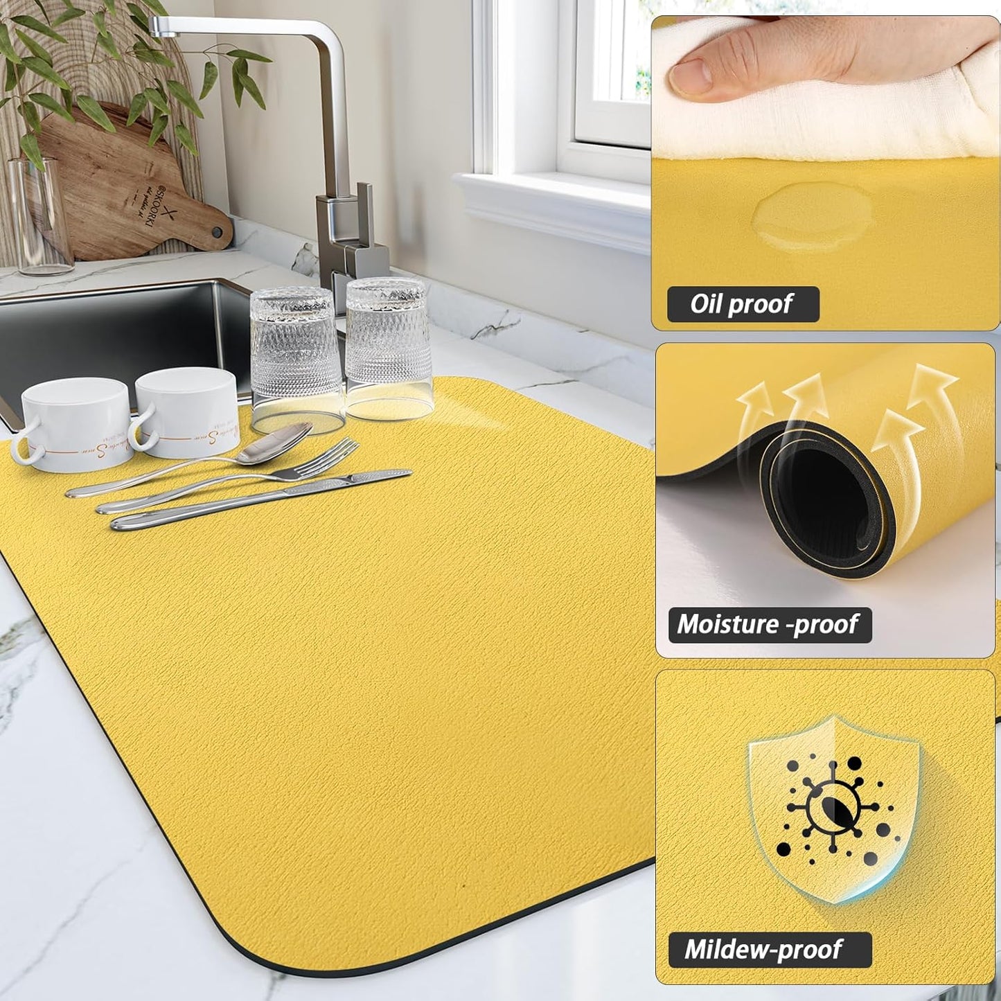 Dish Drying Mat for Kitchen Counter, Heat Resistant Drainer Mats with Non-slip Rubber Backed, Hide Stain Kitchen Super Absorbent Draining Mat, Easy to Clean Dish Rack Pad, Yellow 18"x24"