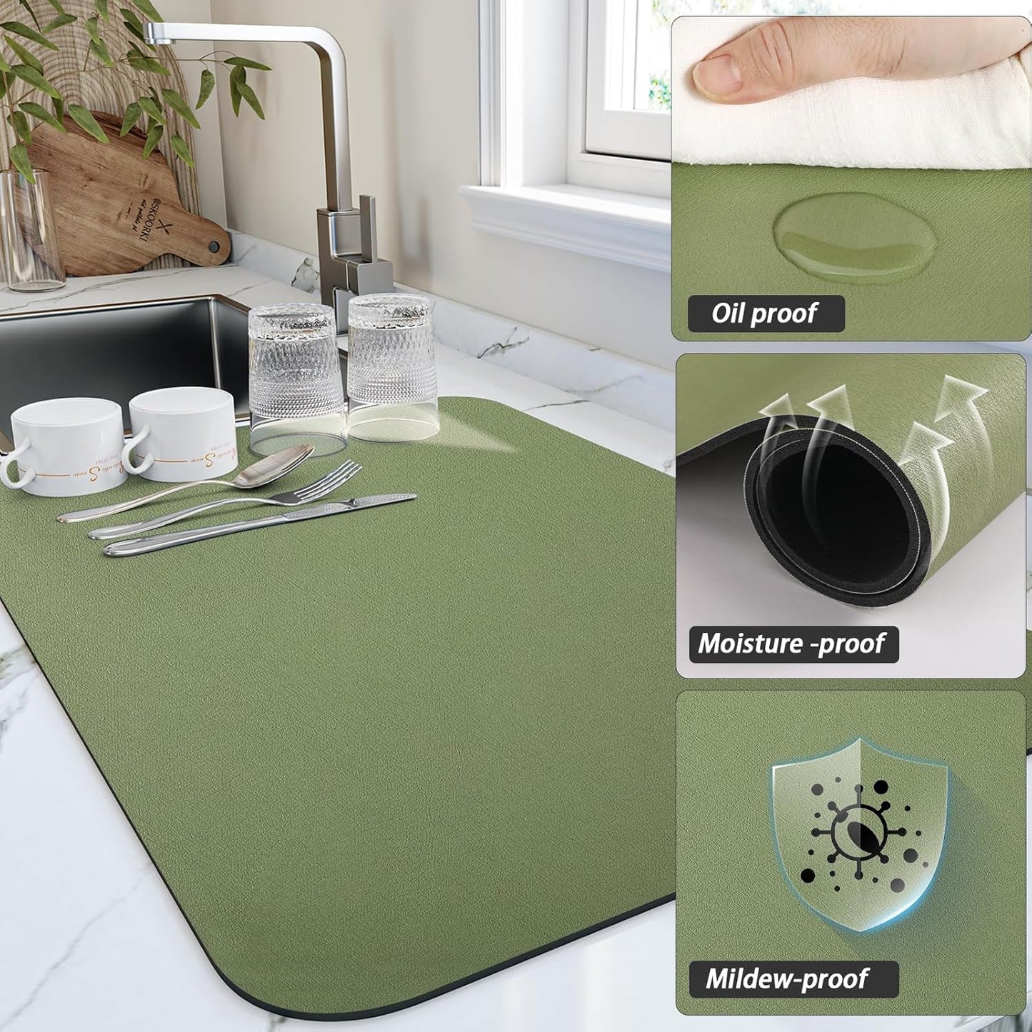 Dish Drying Mat for Kitchen Counter, Heat Resistant Drainer Mats with Non-slip Rubber Backed, Hide Stain Kitchen Super Absorbent Draining Mat, Easy to Clean Dish Rack Pad, Green 18"x28"