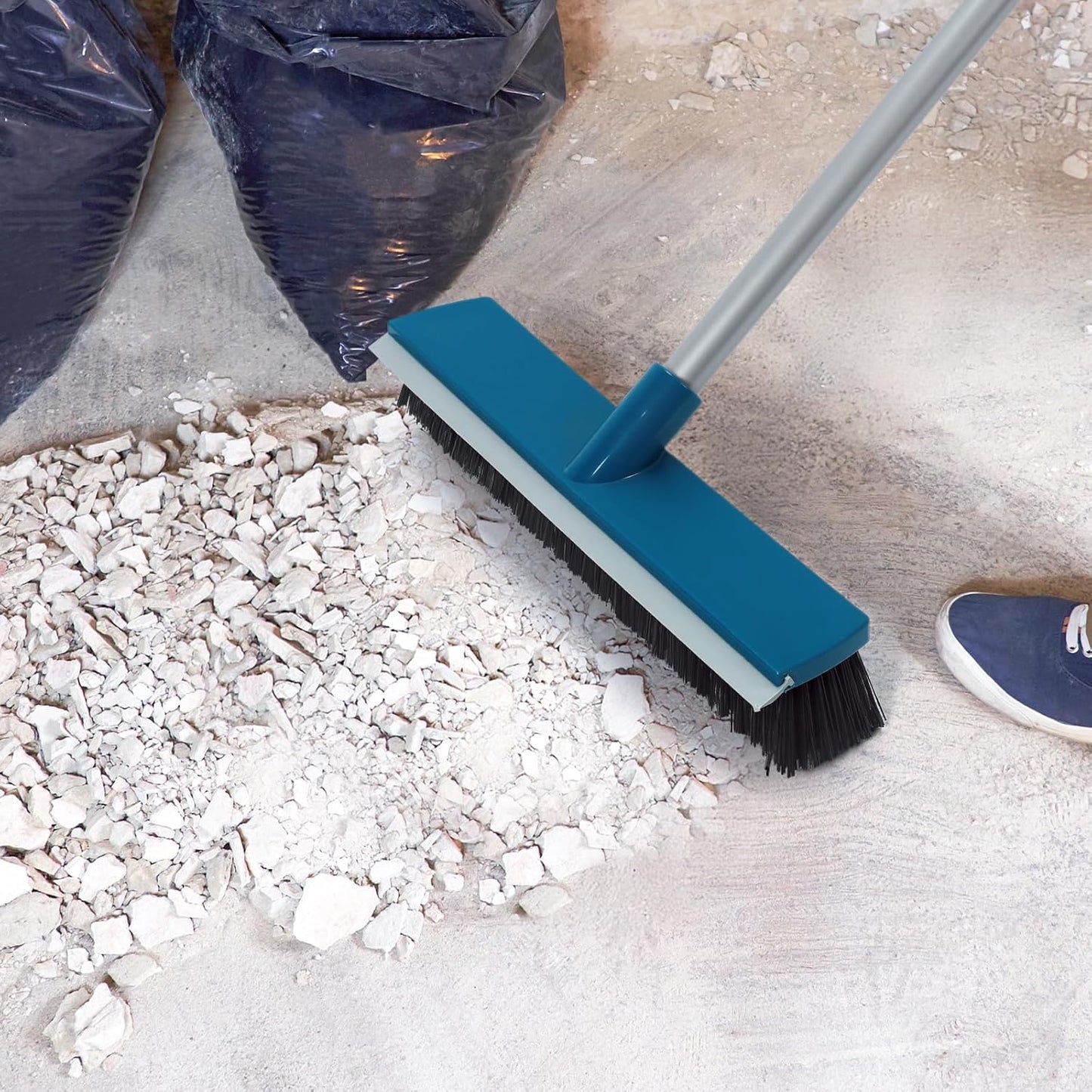 16-Inch Push Broom Outdoor with Rubber Squeegee and 58" Long Handle, 2 in 1 Commercial Broom Brush with Stiff Bristles for Deck Patio Garage Warehouse Driveway Concrete Floor Cleaning Scrubbing