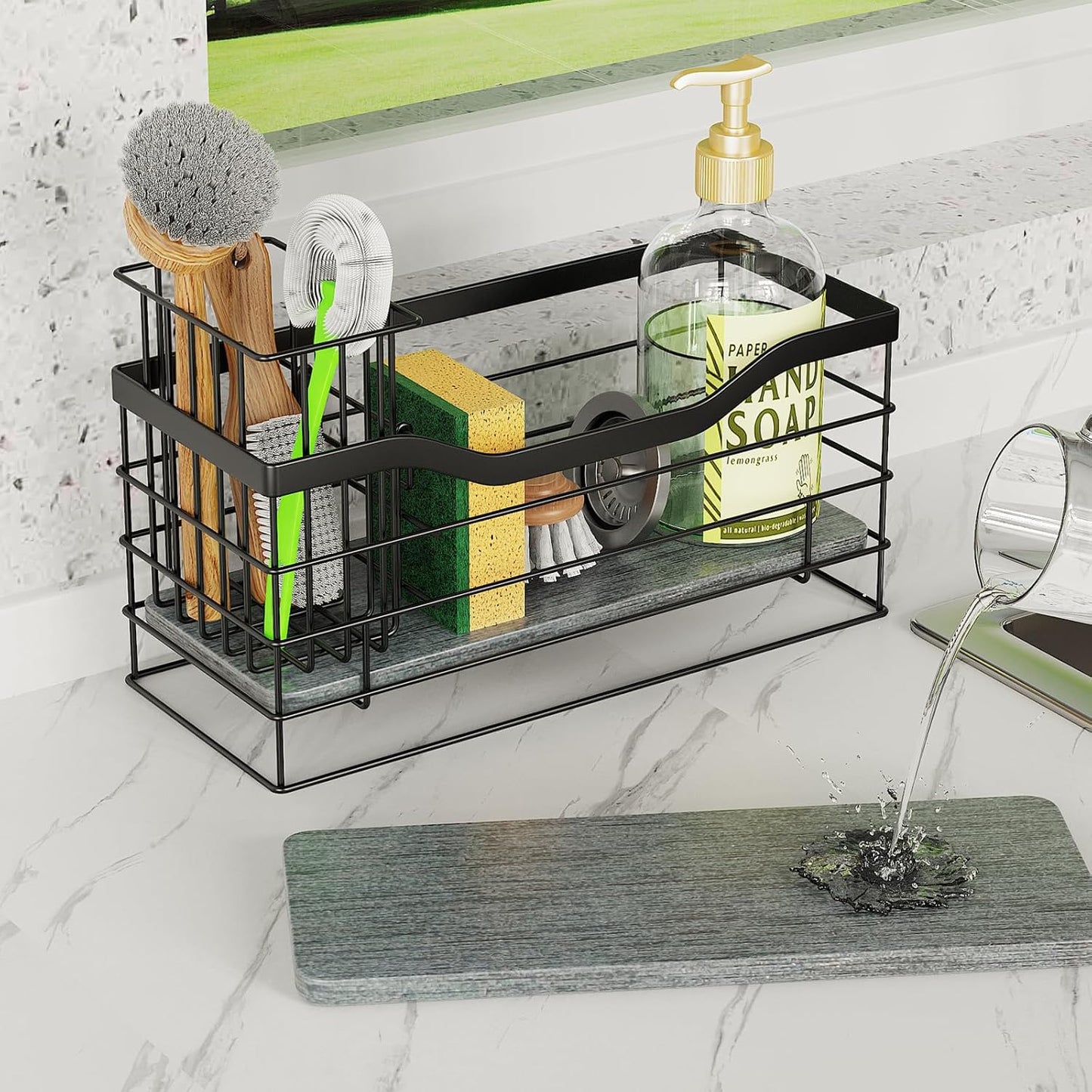 Sponge Holder for Kitchen Sink, Stainless Steel Sink Caddy and Drying Rack with Absorbent Stone, Rustproof Kitchen Organizer for Sponge, Brush, Soap,Space-Saving Countertop Accessory