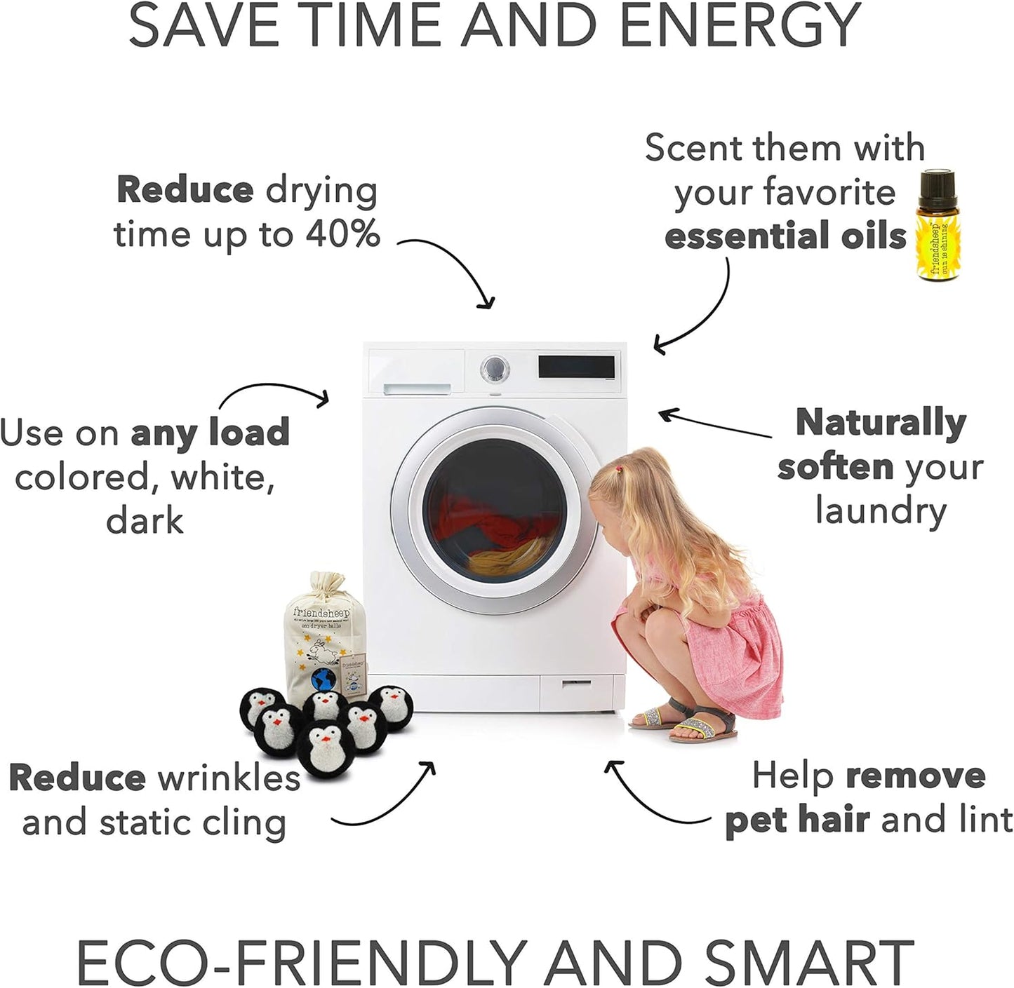 Friendsheep Wool Dryer Balls, Organic Fair Trade Reusable Fabric Softener, Extra Large, 6 Pack, Black Penguin - Cool Friends