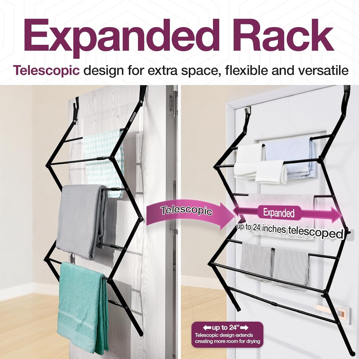 BLACK+DECKER Over The Door Expandable Telescopic Drying Rack, Clothes Organizer, Towel Hanger, Laundry, Collapsible, Black