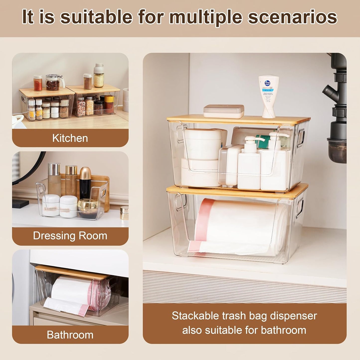 Citylife Stackable Storage with Bamboo Tops and Handles, Laundry Room Organization and Storage for Home, Kitchen, Under-Sink Garbage Bag Dispenser