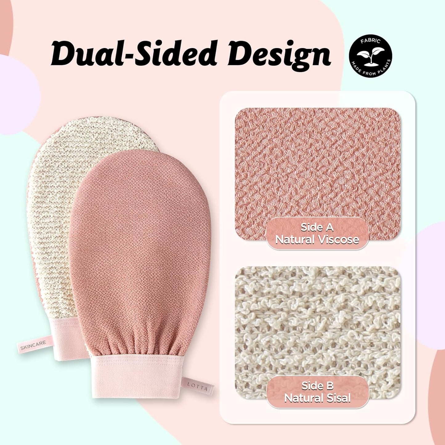 LOTTA Dual-Sided Exfoliating Gloves - Natural Viscose & Sisal for Deep Body Scrub & Massage - Gentle for Sensitive Skin - Replaces Loofah (Pink-Rough)