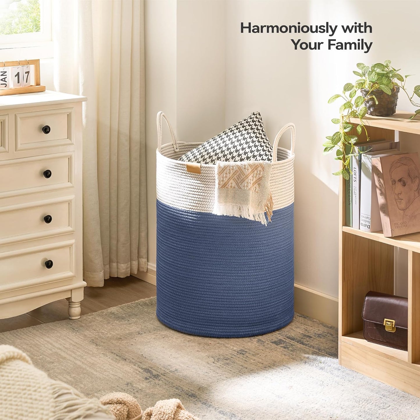 Laundry Hamper 95L,Large Laundry Basket for Clothes,Decorative Storage Basket for Blankets,Cotton Rope Woven basket for bedroom,Navy Blue