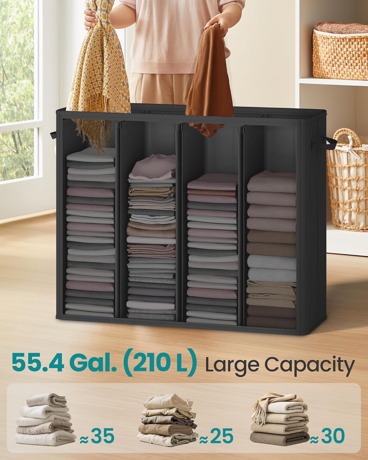 SONGMICS 55.4 Gallon (210 L) Laundry Hamper, 4-Compartment Laundry Basket Sorter with Lid, Labels, Removable Liner Bags, for Bedroom, Ink Black URLH014B01