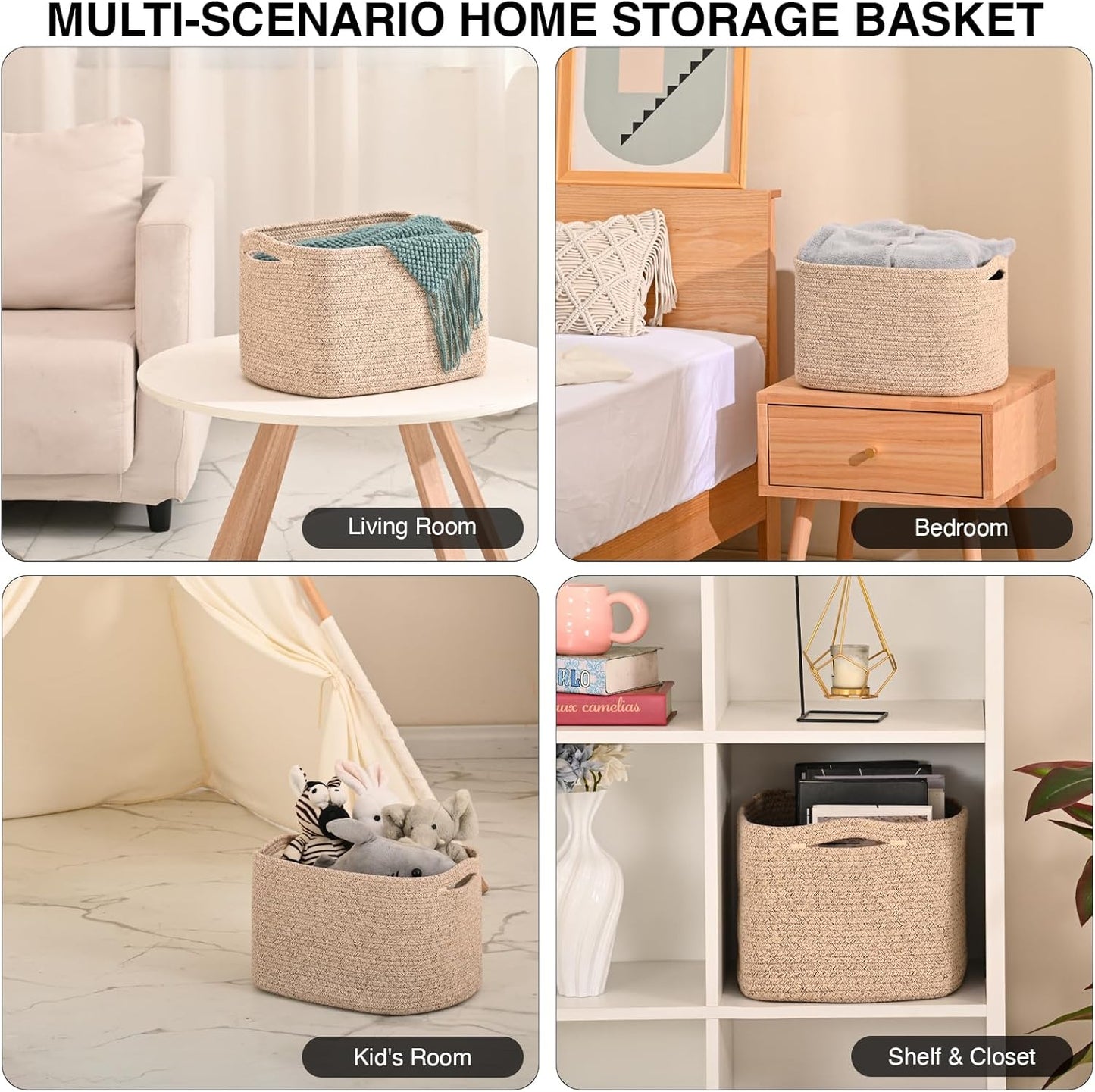 Woven Cotton Rope Storage Basket for Organizing, Cute Decorative Baskets for Gifts Empty, Organizer Bins for Dog Toy, Baby Laundry, 17“×13”×9.5“, Brown