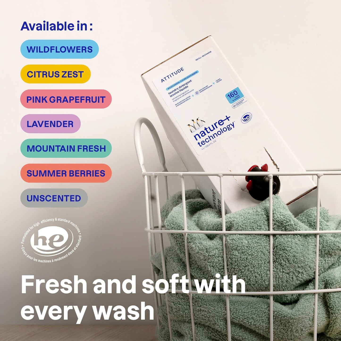 ATTITUDE Liquid Laundry Detergent Refill, EWG Verified, HE Compatible, Plant-Based & Vegan, Natural Laundry Soap, Wildflowers Scent, 160 Loads, 135.26 Fl Oz