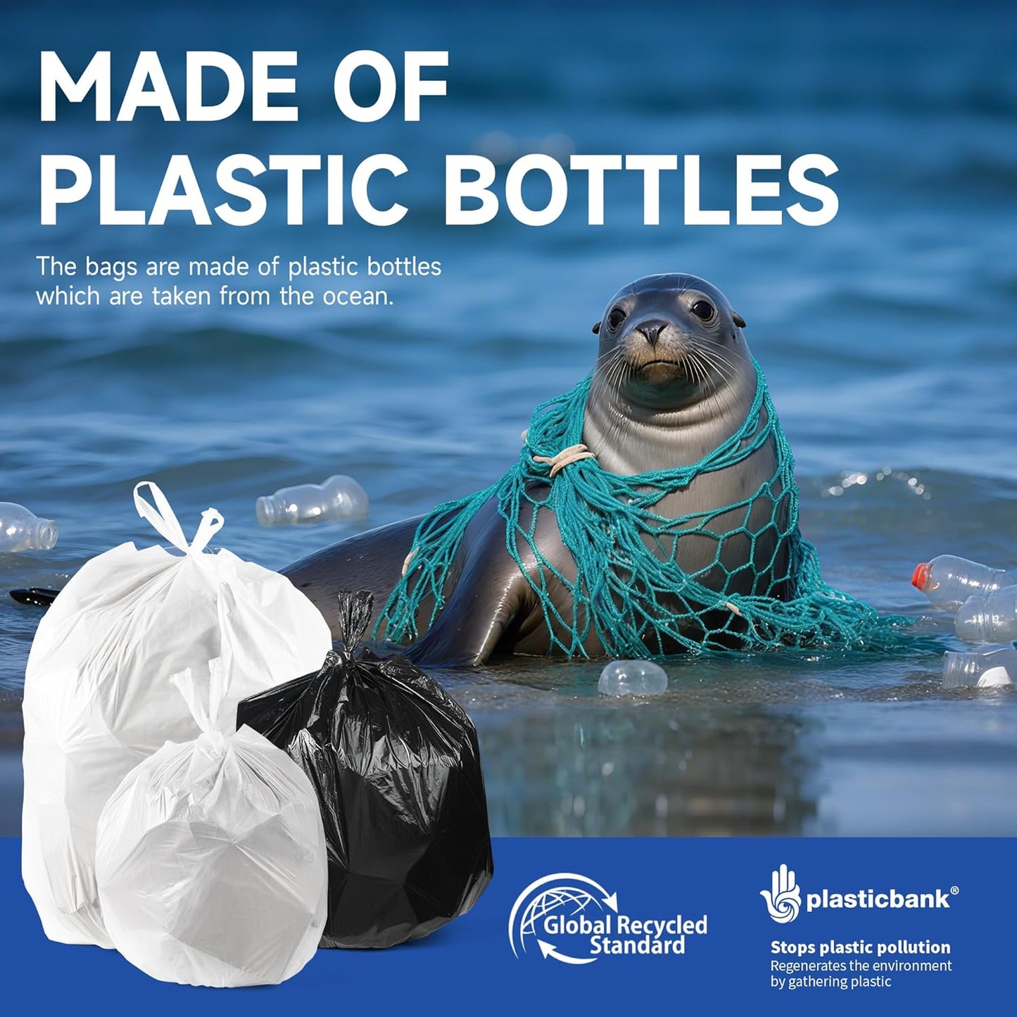 Small Trash Bags with Handles 6 Gallon 200 Count White - Ocean Plastic Upcycling - Plastic Garbage Bags, Can Bin & Waste Basket Liner for Kitchen, Bathroom, Office and Pets