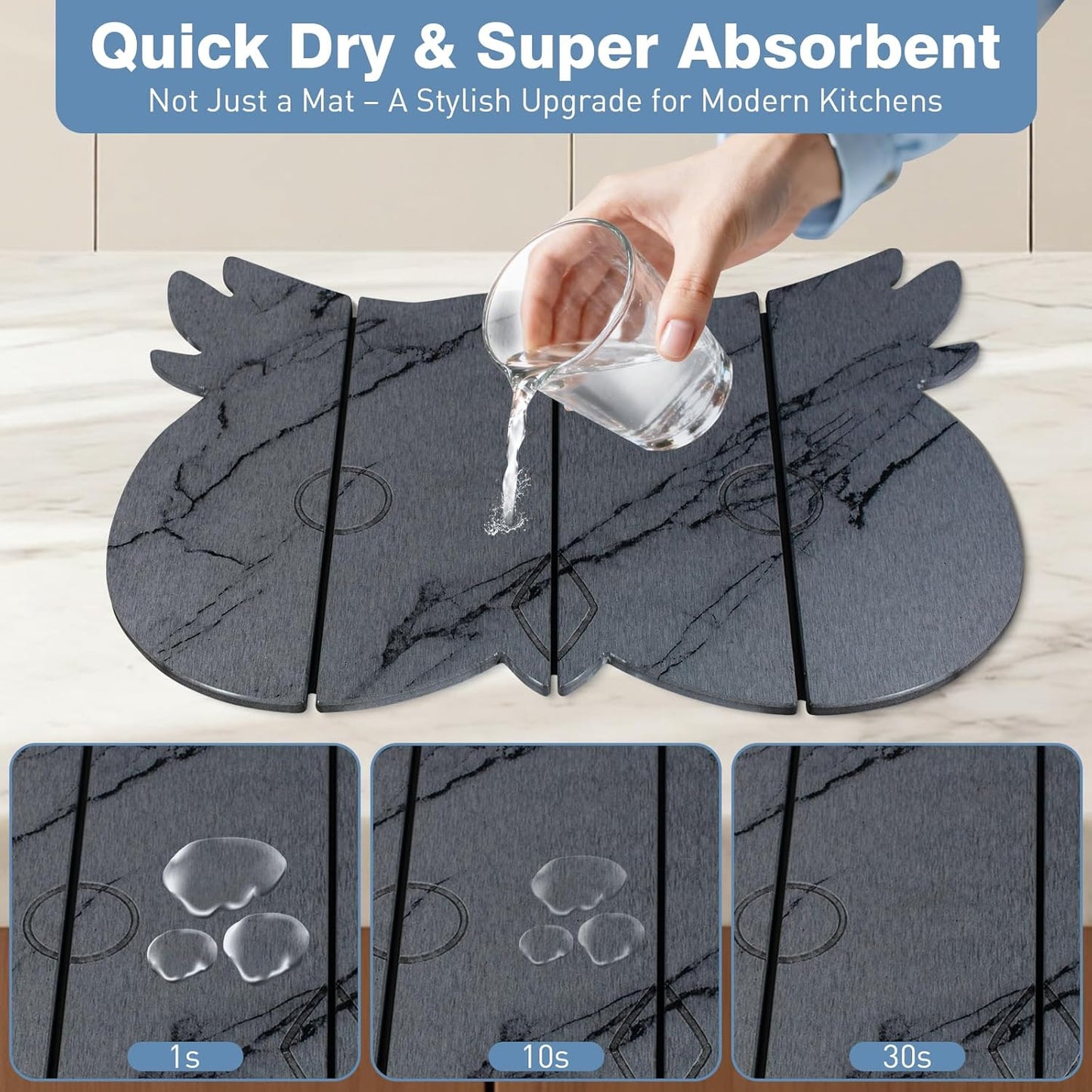 Large Stone Dish Drying Mat for Kitchen Counter,24"(L)×16"(W) Quick Dry Absorbent Diatomaceous Earth Dish Drying Mats,Owl Shape Design Drying Pads for Cups Dishes Bottles (DarkGray)