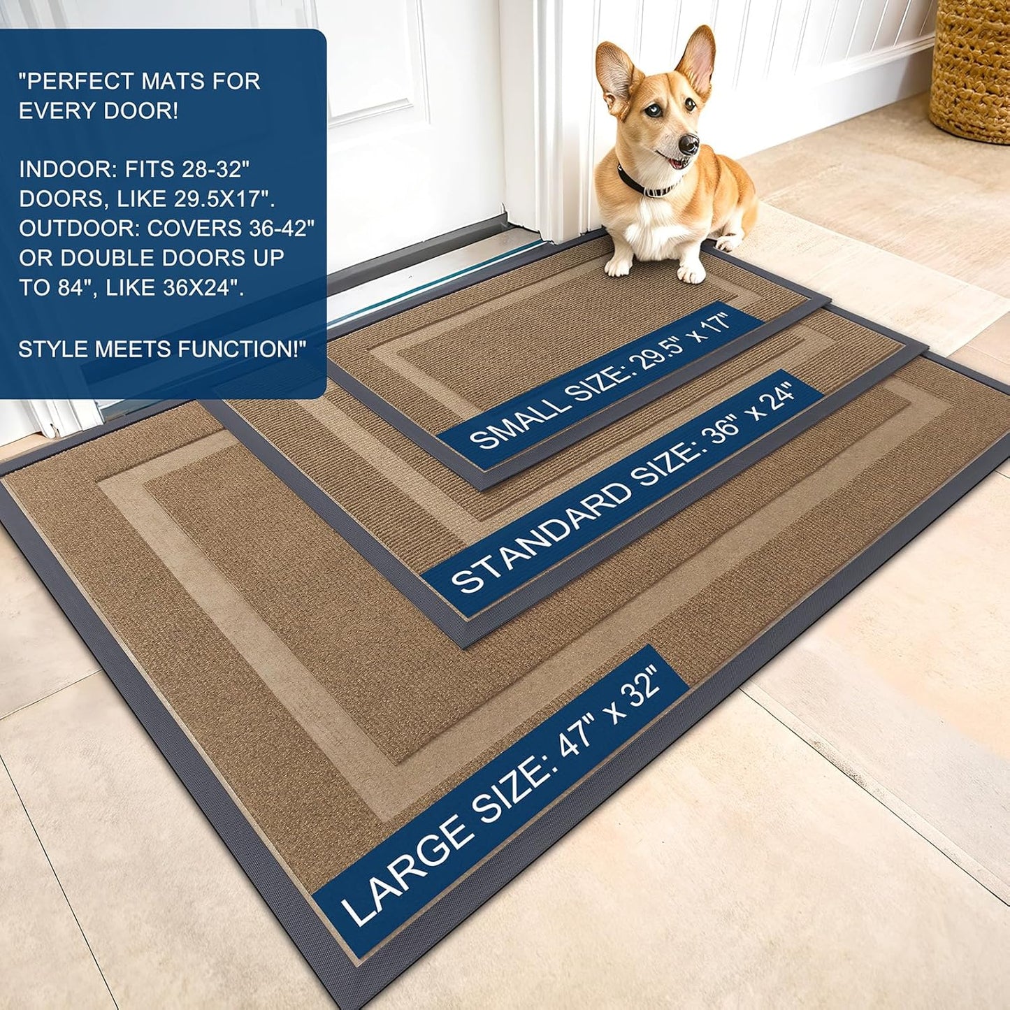 OLANLY Front Door Mat Indoor Outdoor Entrance, Waterproof All-Season, All-Weather Doormat, Sturdy Natural Rubber, Fade Resistant, Low Profile, Easy Clean Patio Porch Entryway Mat, 71x23, Light Borwn