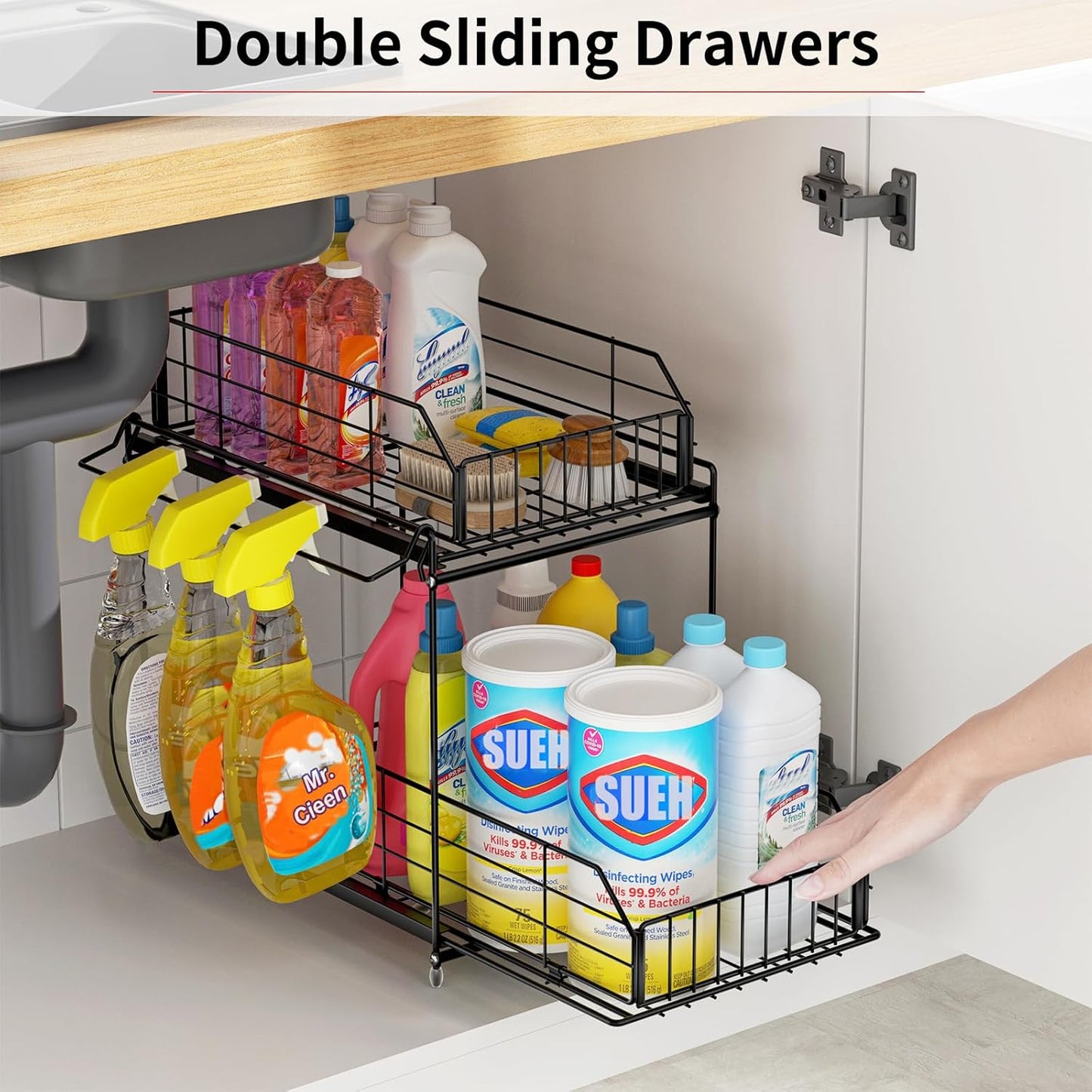 SUEH DESIGN Under Sink Organizer, 2 Tier Bathroom Cabinet Organizer Metal Kitchen Sink Organzier with Hanging Rail for Kitchen Bathroom Organization and Storage, 1 Pack