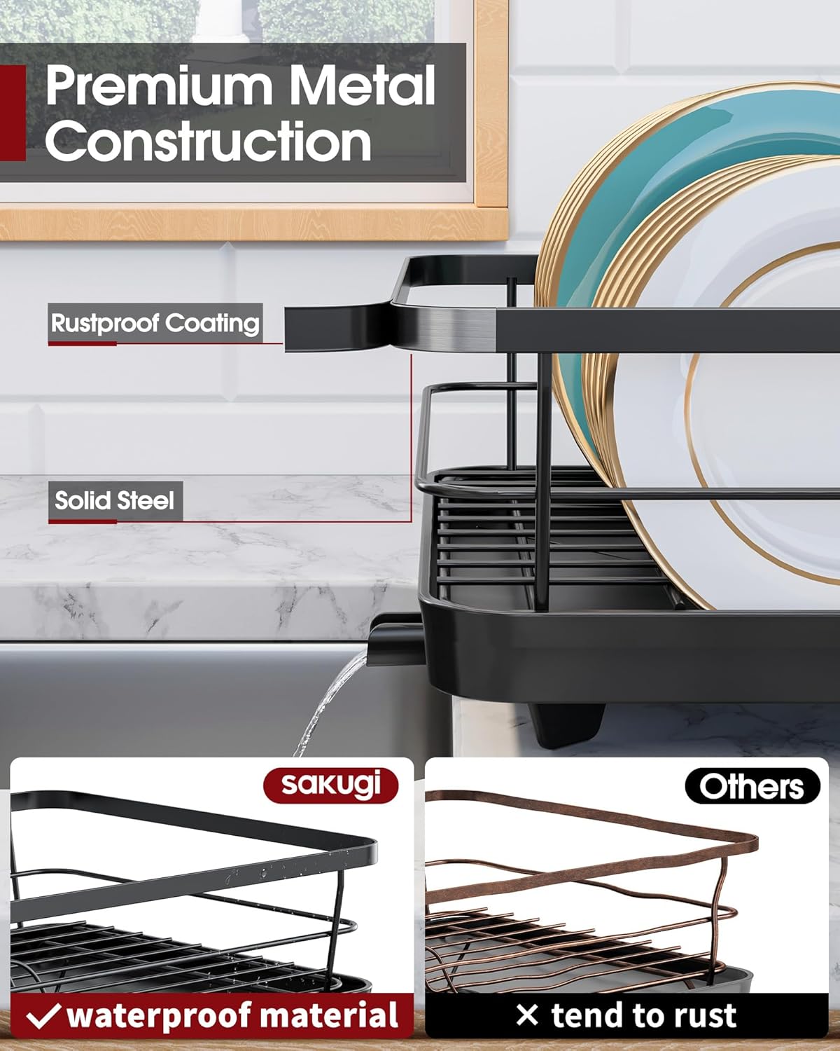 Stainless Steel Dish Drying Rack for Kitchen Counter, Sink Organization and Storage Essentials with Silverware & Utensil Holder, Home and Apartment Decor, 12''W x 15.6''L, Black