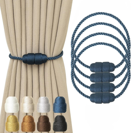 Magnetic Curtain Tiebacks - Rope Tiebacks for Curtains & Drapes, Decorative Window Holdbacks (4 Pack, Blue)