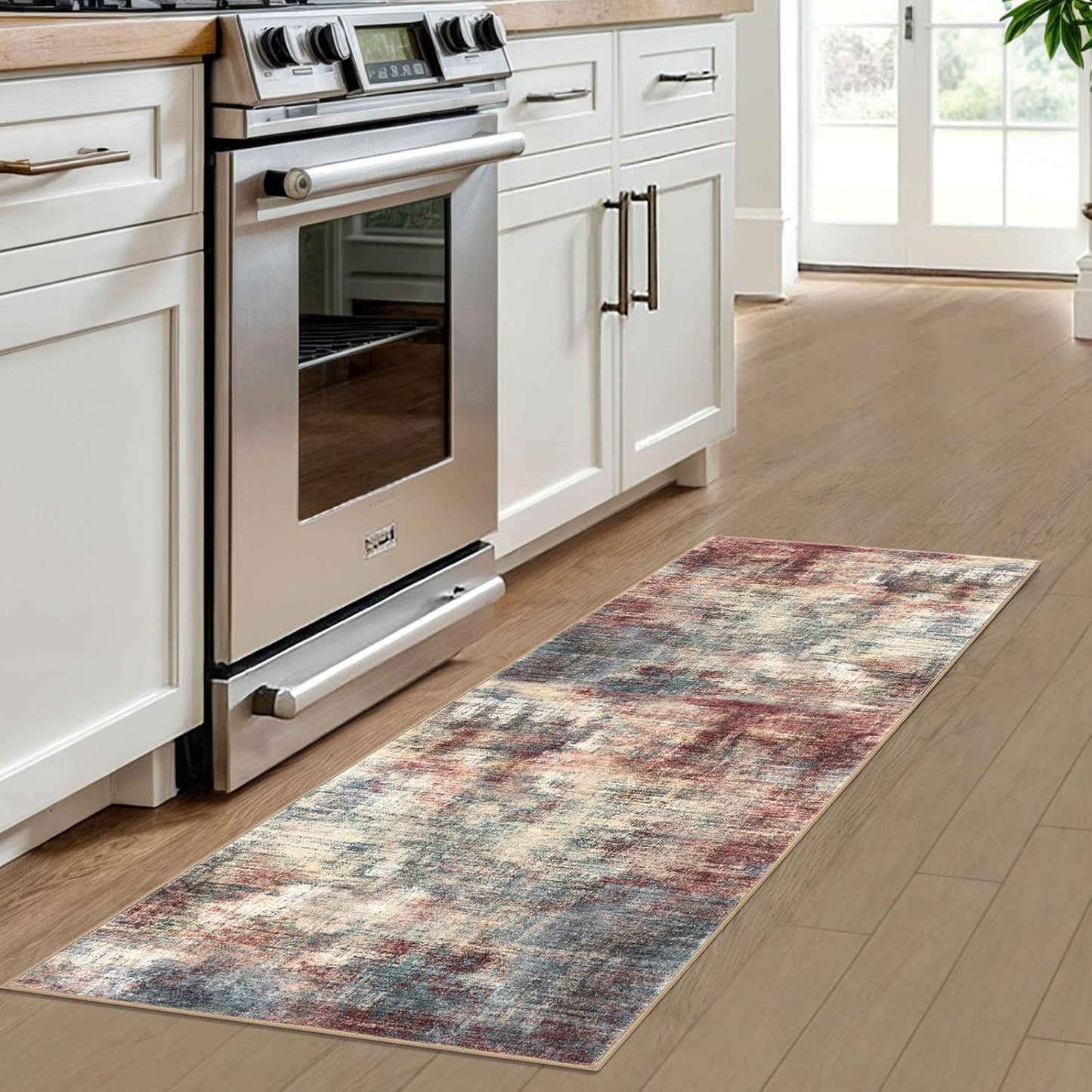 IOHOUZE Abstract Runner Rug 2x6 Ft Washable Runners for Hallways, Non Slip Kitchen Runner Printed Faux Wool Entryway Runner Indoor, Modern Abstract Floor Carpet for Hall Kitchen Bedroom, Red/Multi