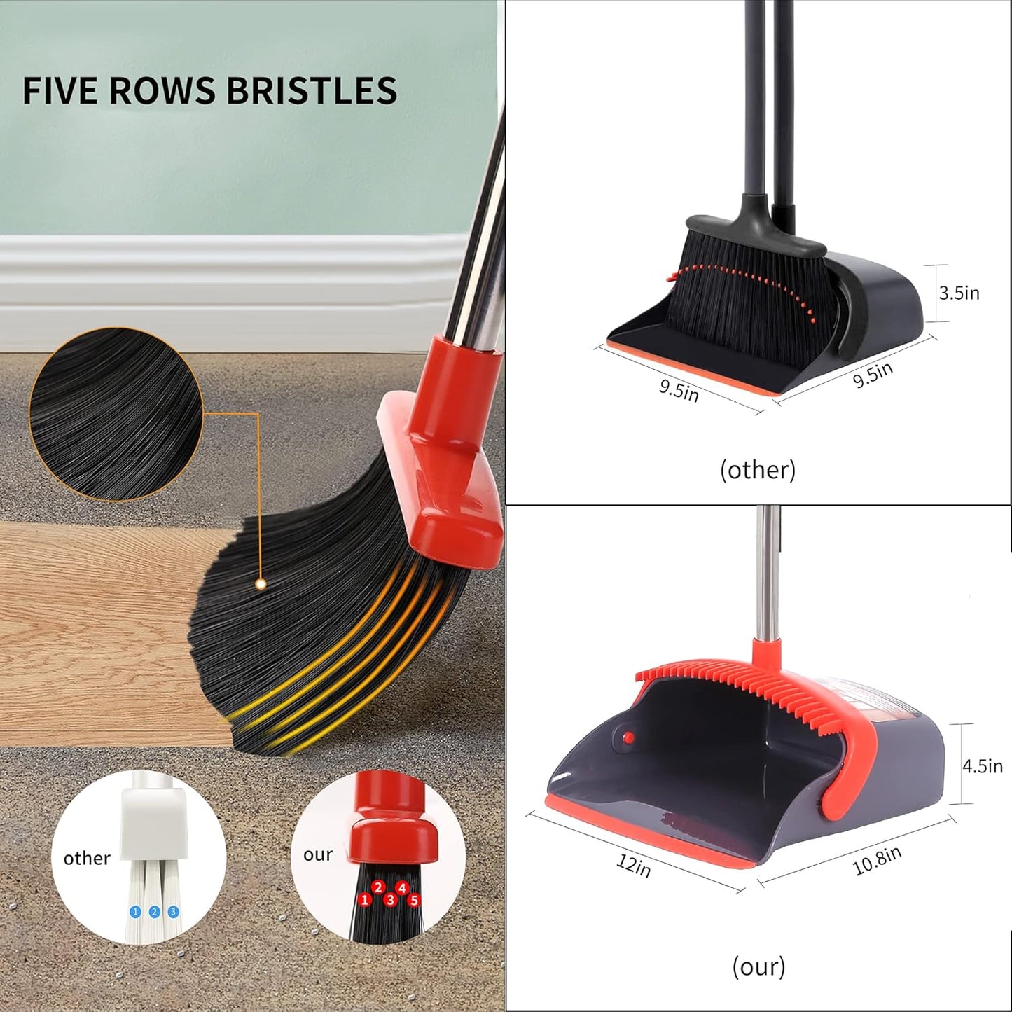 Broom with Dustpan Combo Set Broom and Dustpan Set Dust Pan with Stainless Steel Long Handle, Brooms with 5-Layer Soft Bristles for Sweeping Office Kitchen Home Pet Hair Lobby
