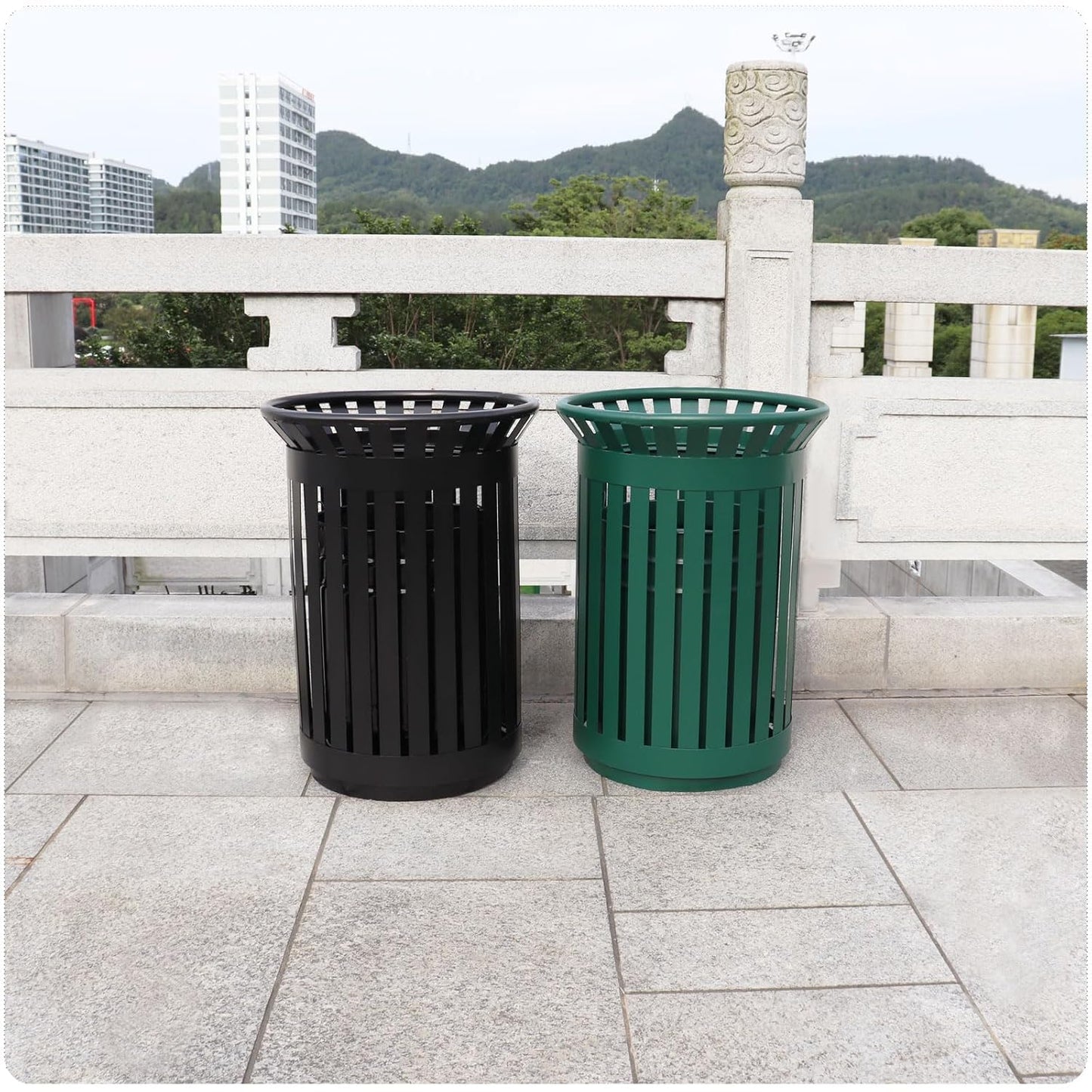 Outdoor Metal Slatted Trash Receptacle,Waste Receptacle，Commercial Trash Cans,Zone Round Garbage Bin,Square Hotel Street Patio Indoor Metal Stan (Big-Green)
