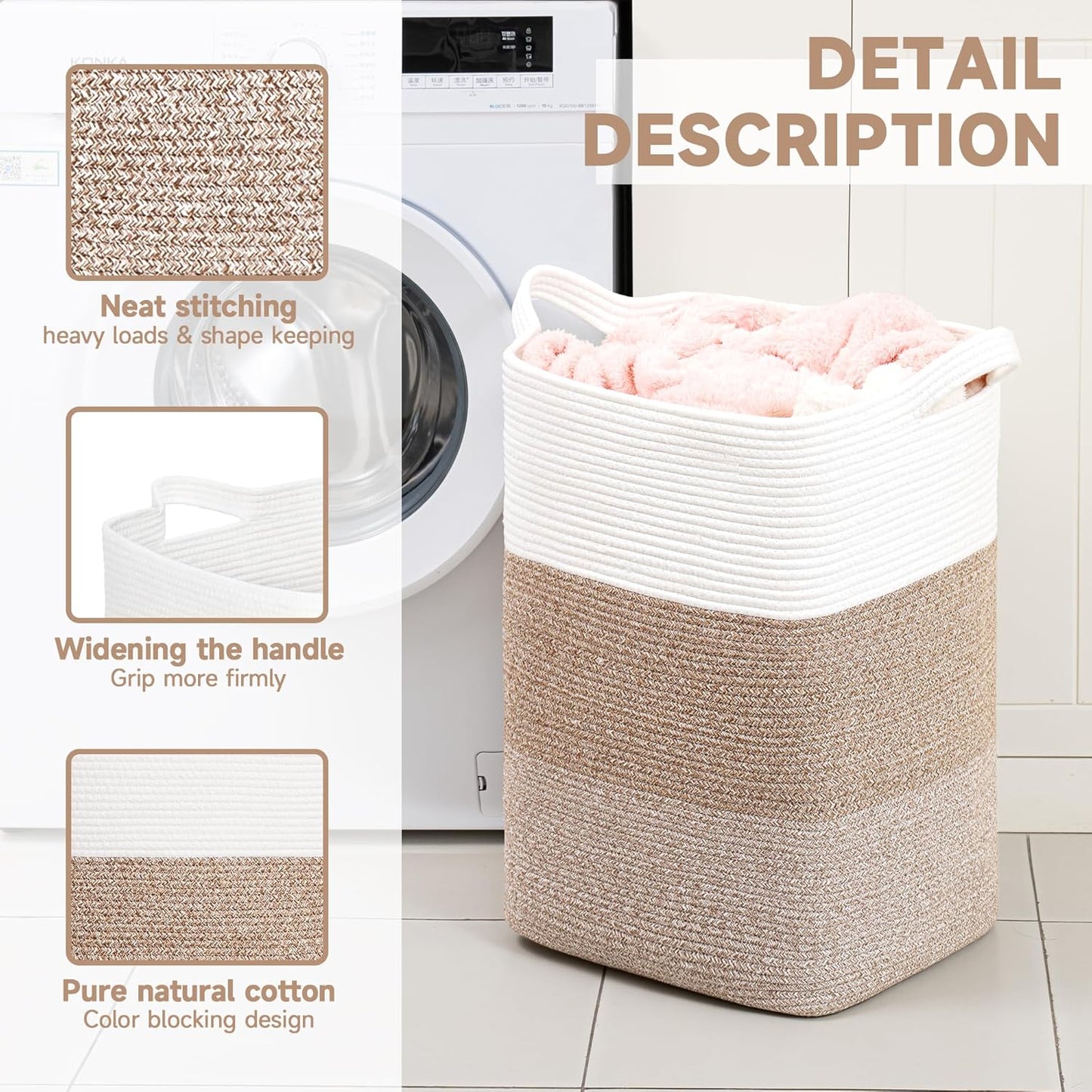 CLHMILY&Z 95L Laundry Basket Rectangular Brown Rope - 16x15x24 Inches - Dirty Clothes and Soft Storage Bin for Blankets, Toys, and Nursery Essentials