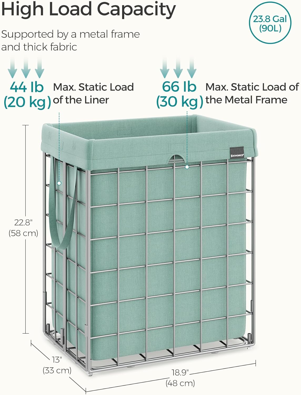 SONGMICS Laundry Hamper, 23.8 Gal. (90L) Laundry Basket, Collapsible Clothes Hamper, Removable and Washable Liner, Metal Wire Frame, for Bedroom Bathroom, Silver and Mint Green ULCB190C01