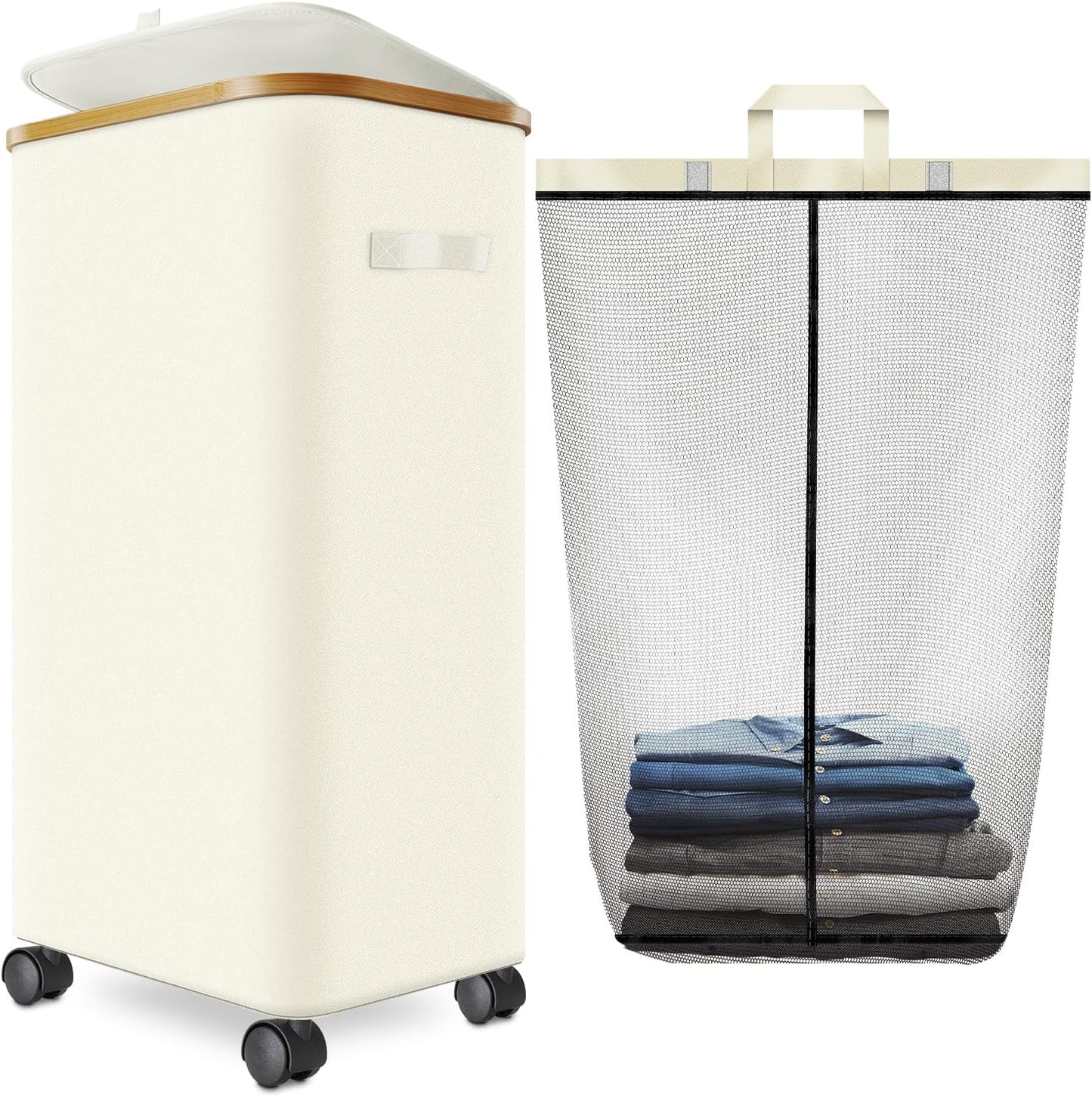 Laundry Hamper with Wheels,29 Gal (110L) Laundry Basket with lid Rolling Clothes Hamper Foldable Dirty Clothes Basket on wheels with Bamboo Frame and Bag for Bedroom, Dorm, Laundry Room-White