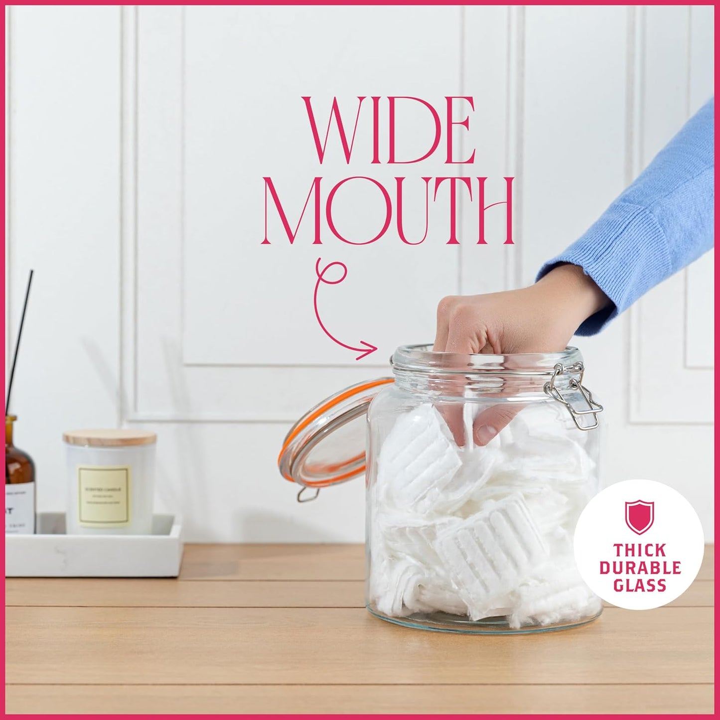 kitchentoolz Half Gallon Glass Large Mason Jars with Airtight Lid - 64oz Wide Mouth Flour & Sugar Container. Also for Sourdough, Pasta, Pickles, Cookies- Flip Top Hinged Closure - 2 Pack