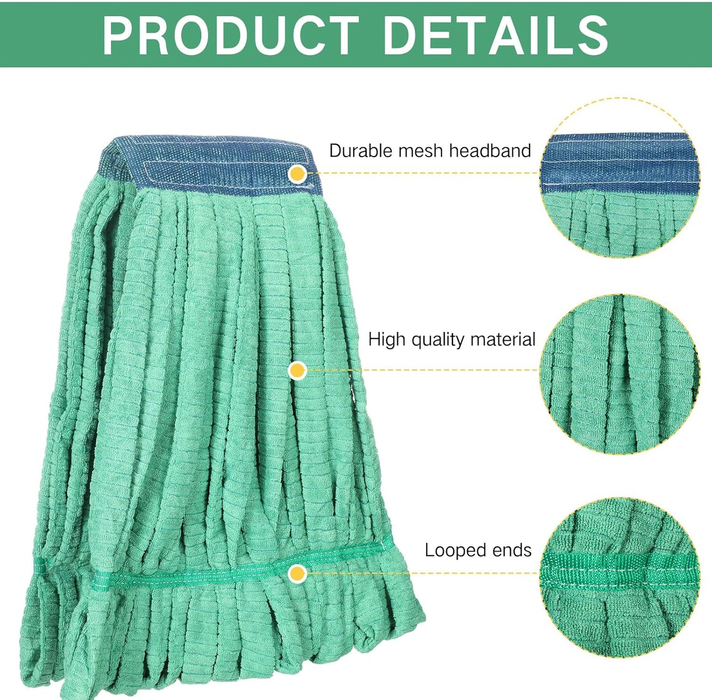 Lallisa 4 Pcs Commercial Mop Head Replacement Tube Microfiber Industrial Looped End Mop Heads Refill for Floor Cleaning for Home Commercial Industrial Use(Large,Green)
