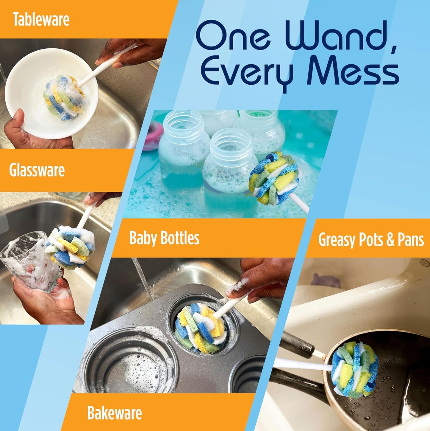 Compac Home Dish Wand Plus Cello, Foam & Scour Sponge Petals Brush and Clean Dishes, Pots, Bottles, & Glassware, 2 Count