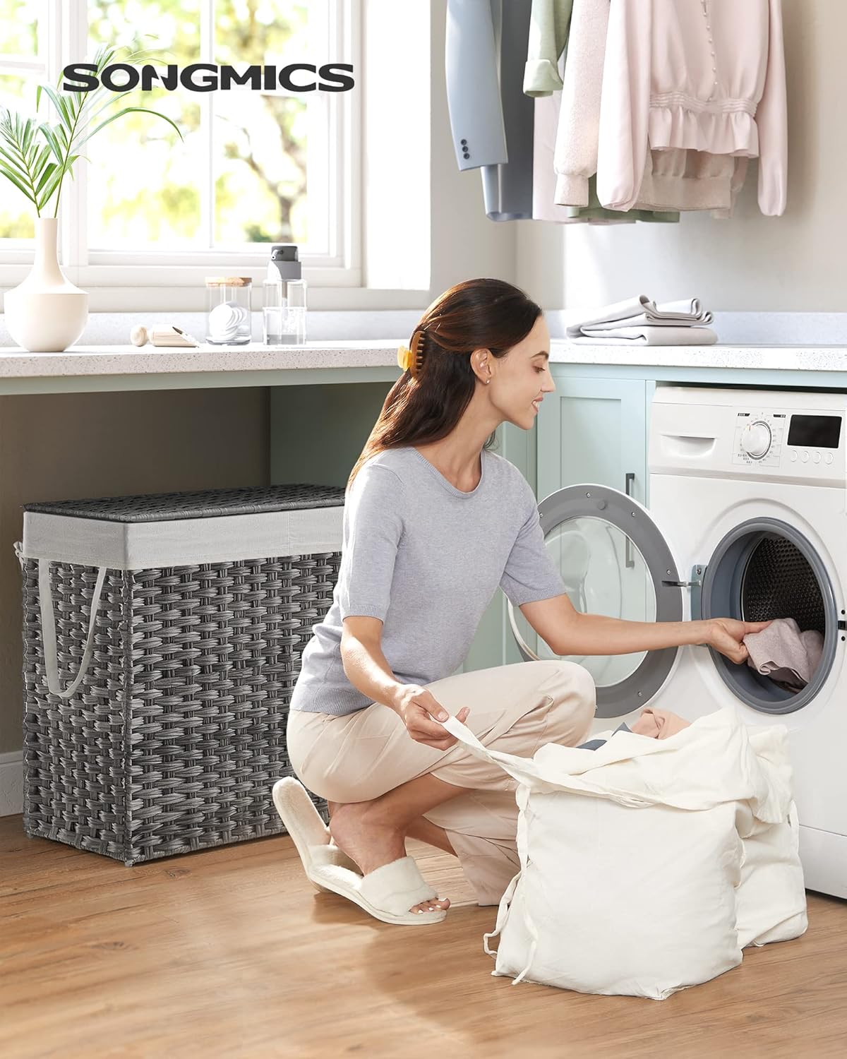 SONGMICS 130L Clothes Hamper with Lid, 2 Removable Liner Bags, 6 Mesh Bags, Wicker, Double Laundry Basket for Bathroom, 13 x 26 x 23.6 Inches, Gray ULCB253G01