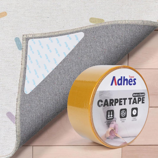 Adhes Double-Sided Carpet Tape, 2 Inch x 12 Yard Rug Tape with 8 Anti-Skid Pads, Heavy Duty Carpet Grip Tape for Hardwood Floors, Area Rugs, and Tile