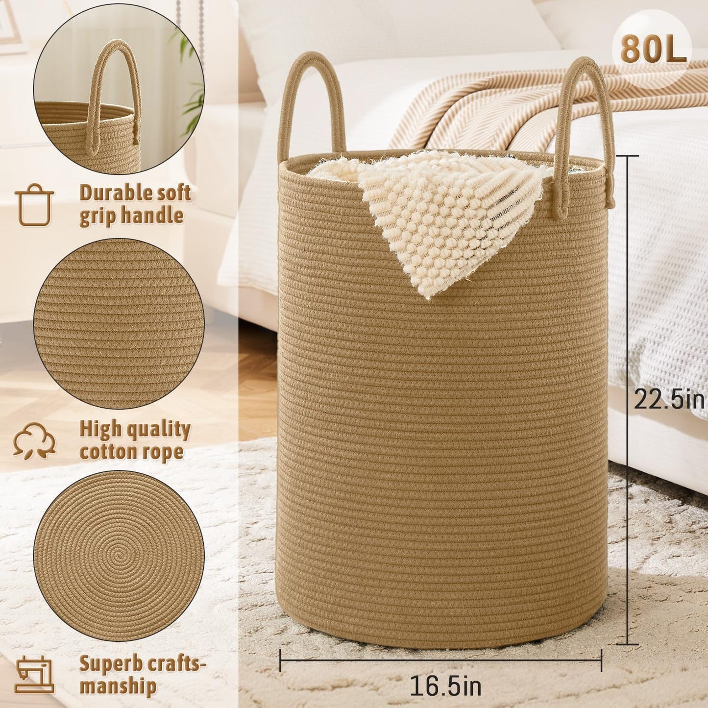 Laundry Basket,Woven Cotton Rope Laundry Hamper,80L for Decorative Storage of Dirty Clothes,Toys and Blankets in Bathroom,Baby Room and Living Room