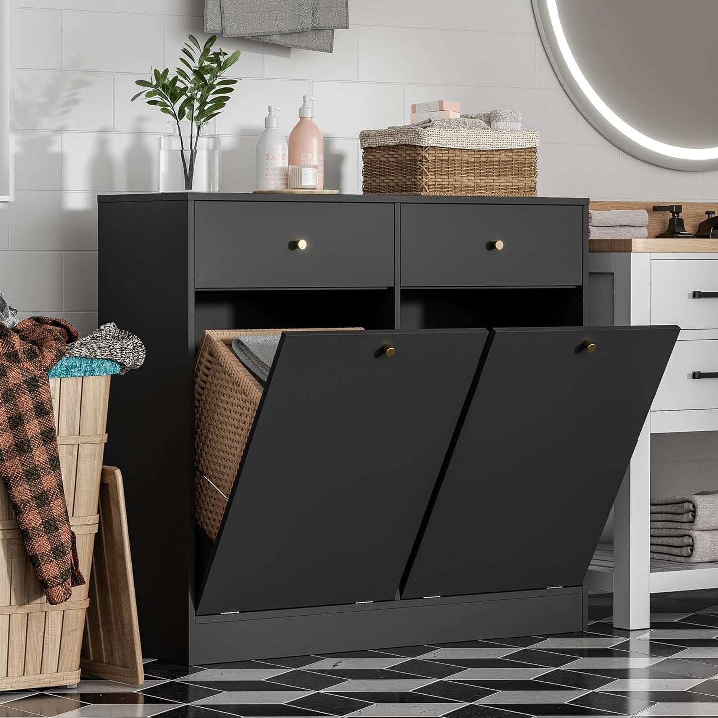 Double Tilt Out Trash Can Cabinet, Trash Storage Cabinet with 2 Drawers, Hidden Garbage Bin, Free Standing Laundry Sorter Organizer for Kitchen Dining Living Room, Bathroom, Black