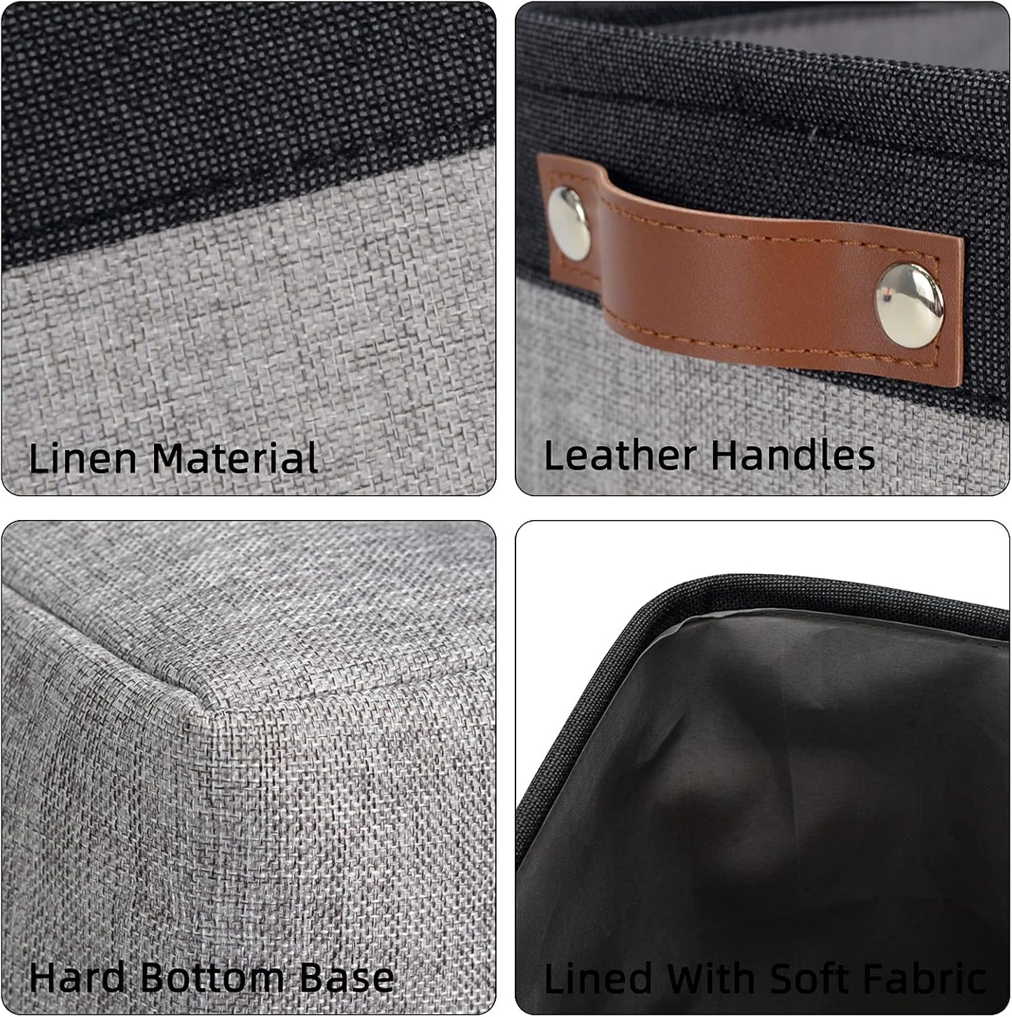 DULLEMELO Large Collapsible Storage Basket/Bin with Sturdy Leather Handles, Fabric Organizer Bin for Storage Clothes, Toys, Books, Office, Bedroom, Closet, Nursery & Laundry (Black&Gray)