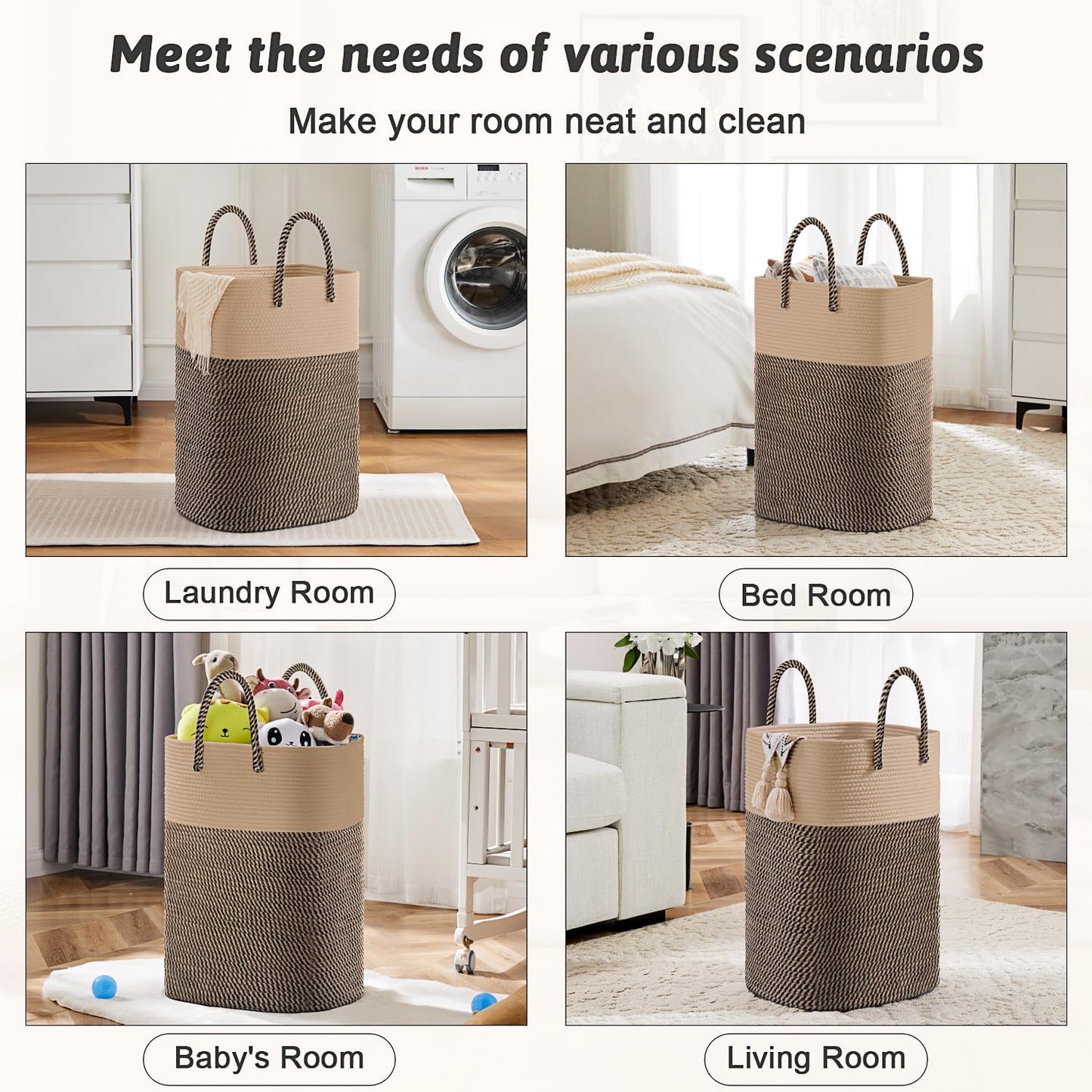 Laundry Basket,Woven Cotton Rope Laundry Hamper,Versatile Storage for Dirty Clothes,Baby Toys,and Blankets in Bathroom, Nursery,and Living Room (Jute, 100L)