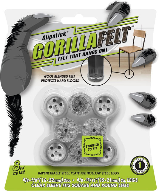 Slipstick GorillaFelt Chair Leg Floor Protectors for Hardwood Floors, Clear Sleeve Felt Pads for Furniture That Stay On, Fits Round & Square Legs, Includes 8 Premium Transparent Chair Socks, CB182