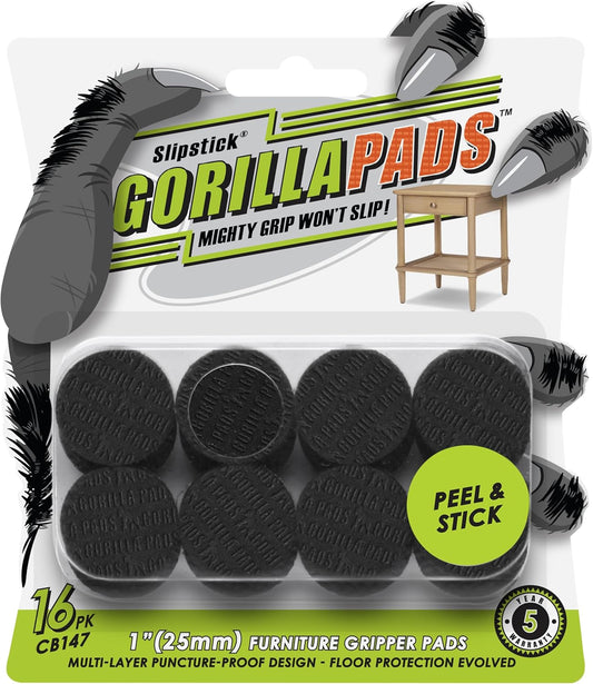 Slipstick GorillaPads CB147 Non Slip Furniture Pads/Gripper Feet (Set of 16) Self Adhesive Rubber Floor Protectors, 1 inch Round, Black